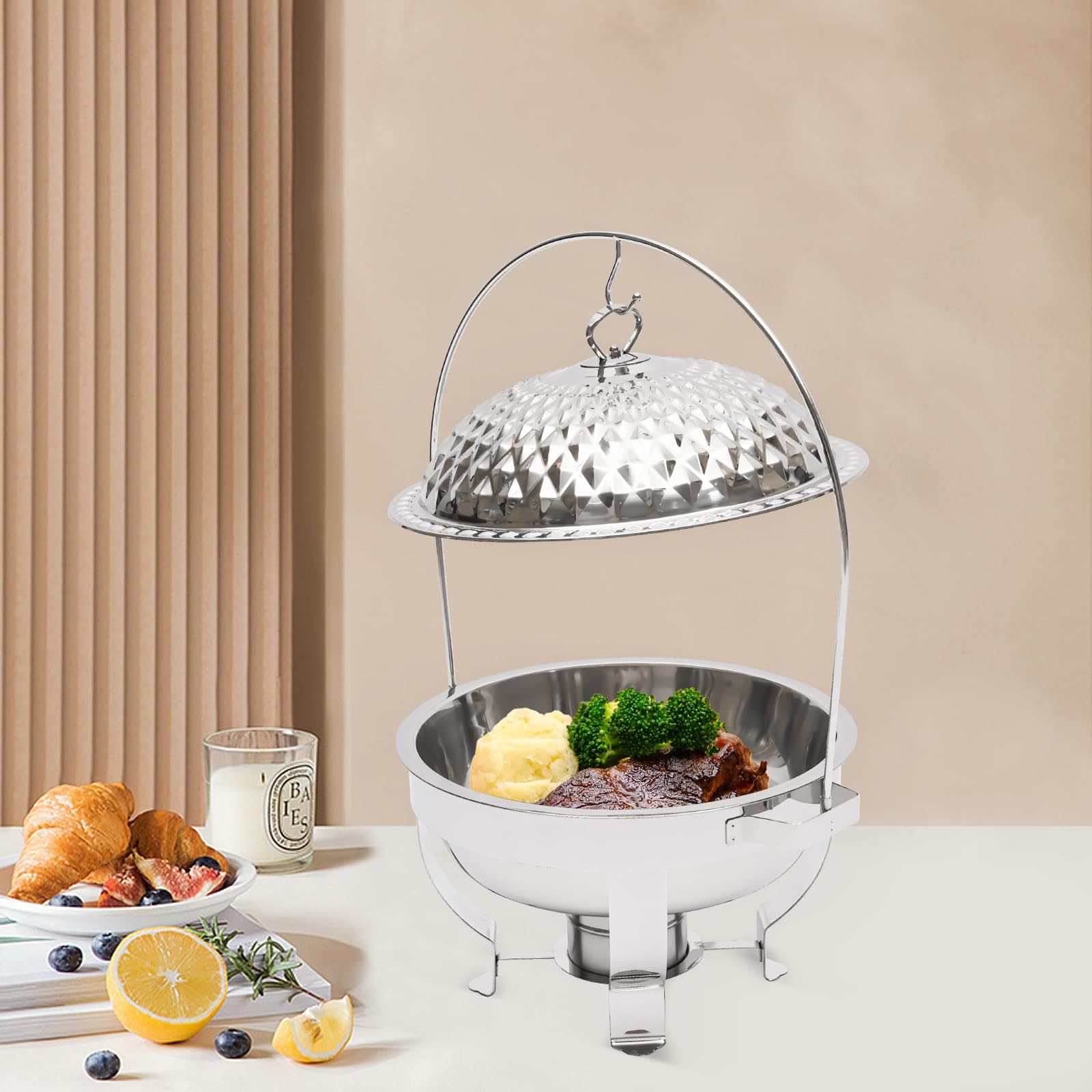 Chafing Dish Buffet Set, 4.7Quart Round Buffet Servers Warmers Set with Food Tray, Water Tray and Fuel Holder, Stainless Steel Chafing Dish Buffet Set for Any Party (Sliver)