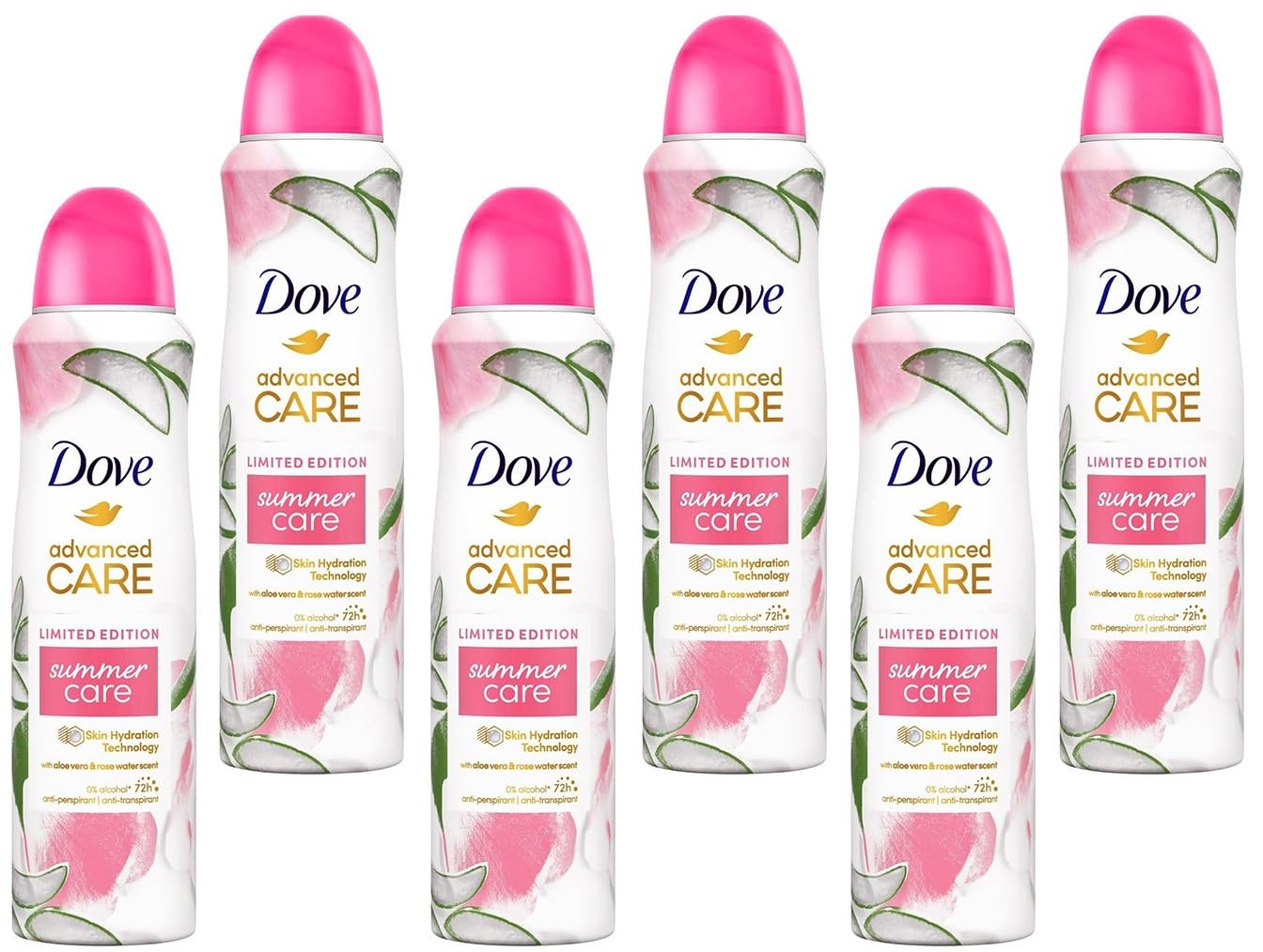 6x Dove Advanced Care Anti Transpirant Deo-Spray Summer Care Limited Edition Aloe Vera- und Rosenwasserduft Deodorant mit Skin Hydration Technology 0% Alkohol 72h,150 ml (6er Pack)