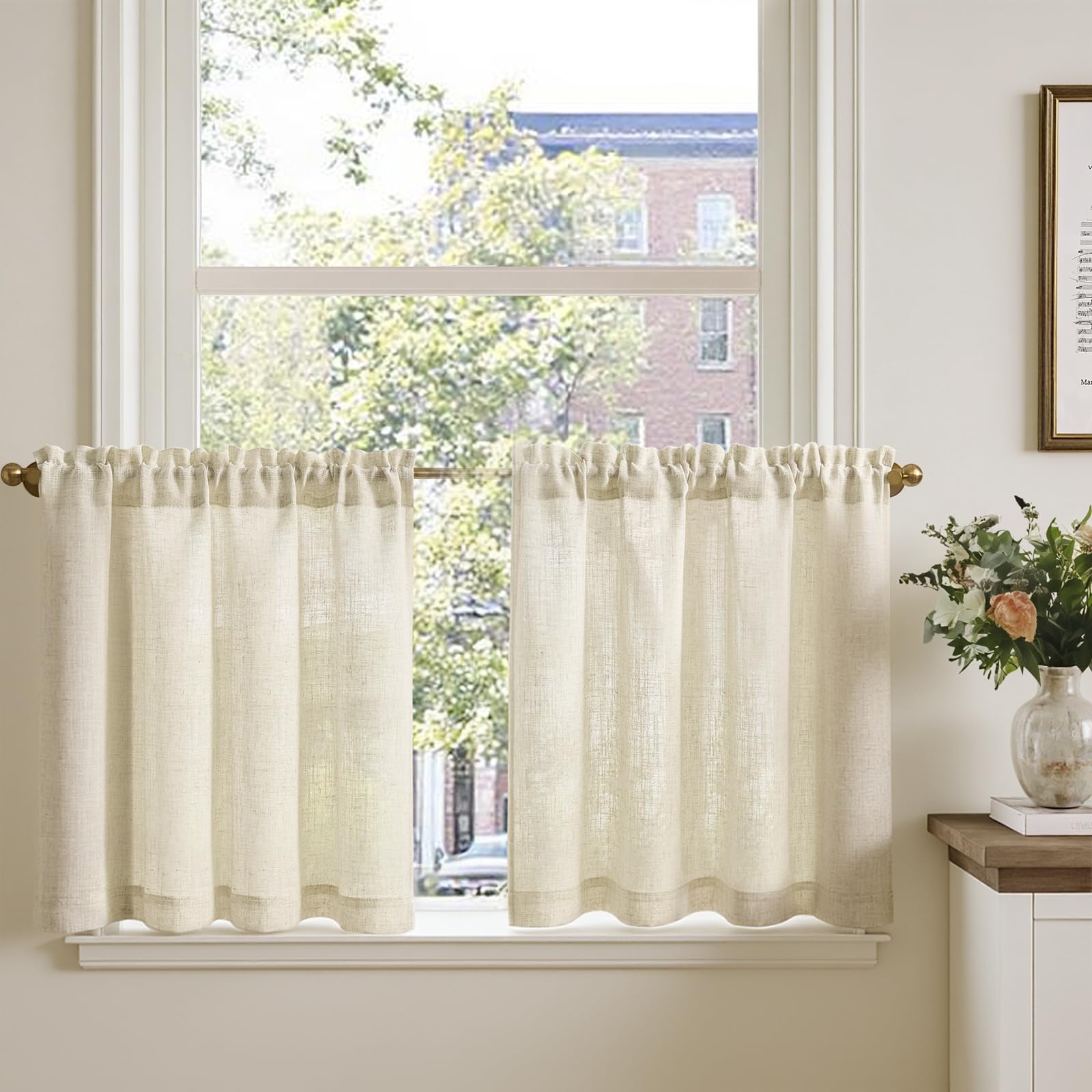 TOPICK 2er Set H90xB90 cmScheibengardinen Leinenoptik Bistrogardine für Wohnzimmer Küche Kleine Fenster Lichtdurchlässig Küchenvorhänge Kurz Gardinen Moderne Landhaus Tunnelzug Beige