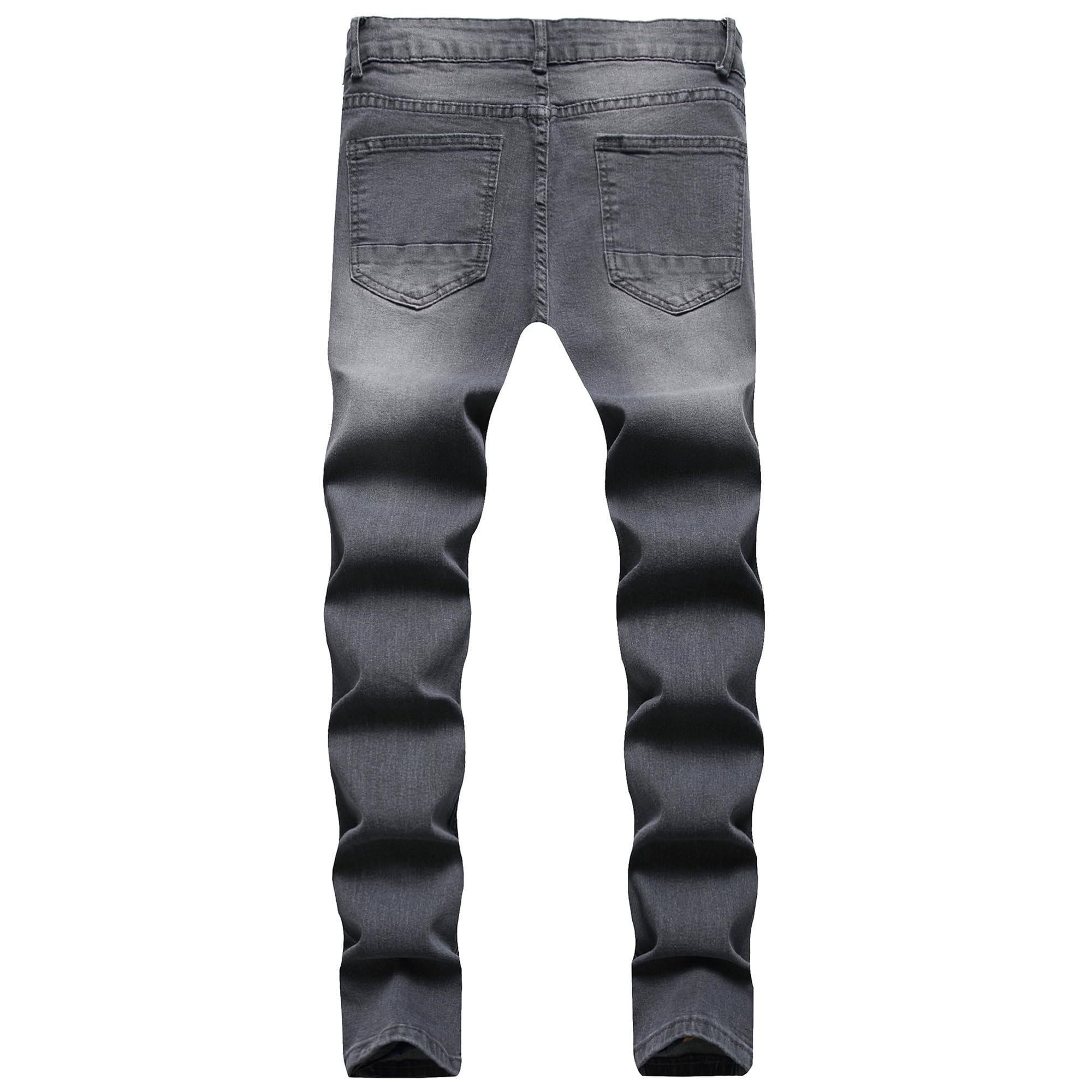 JEKE-DG Men's Ripped Slim Fit Jeans Stretch Destroyed Ripped Skinny Jeans Fashion Design Streetwear Denim Trousers (X-Large,Grey)