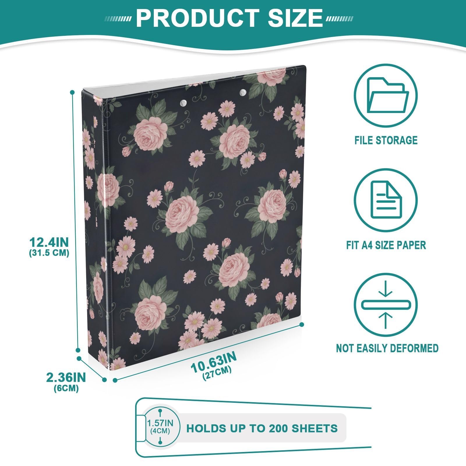 Vintage Roses Black 3 Ring Binder Flexible D Ring Binder with Pockets 3 Ring Binder for School College Office (2 Pack)