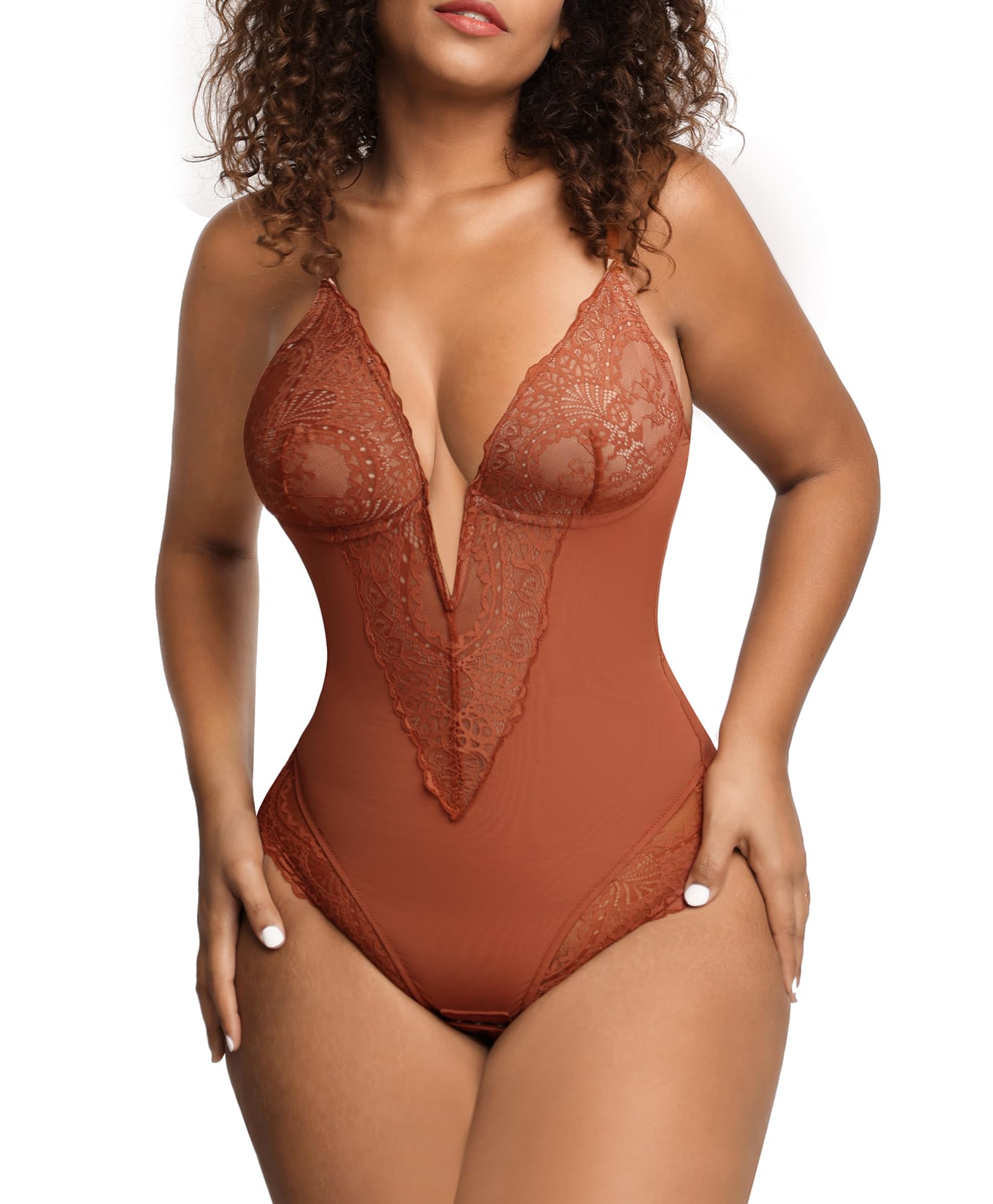 Popilush Shapewear Bodysuit Tummy Control Lace Corset Tops V Neck Sleeveless Backless Body Suit Thongs