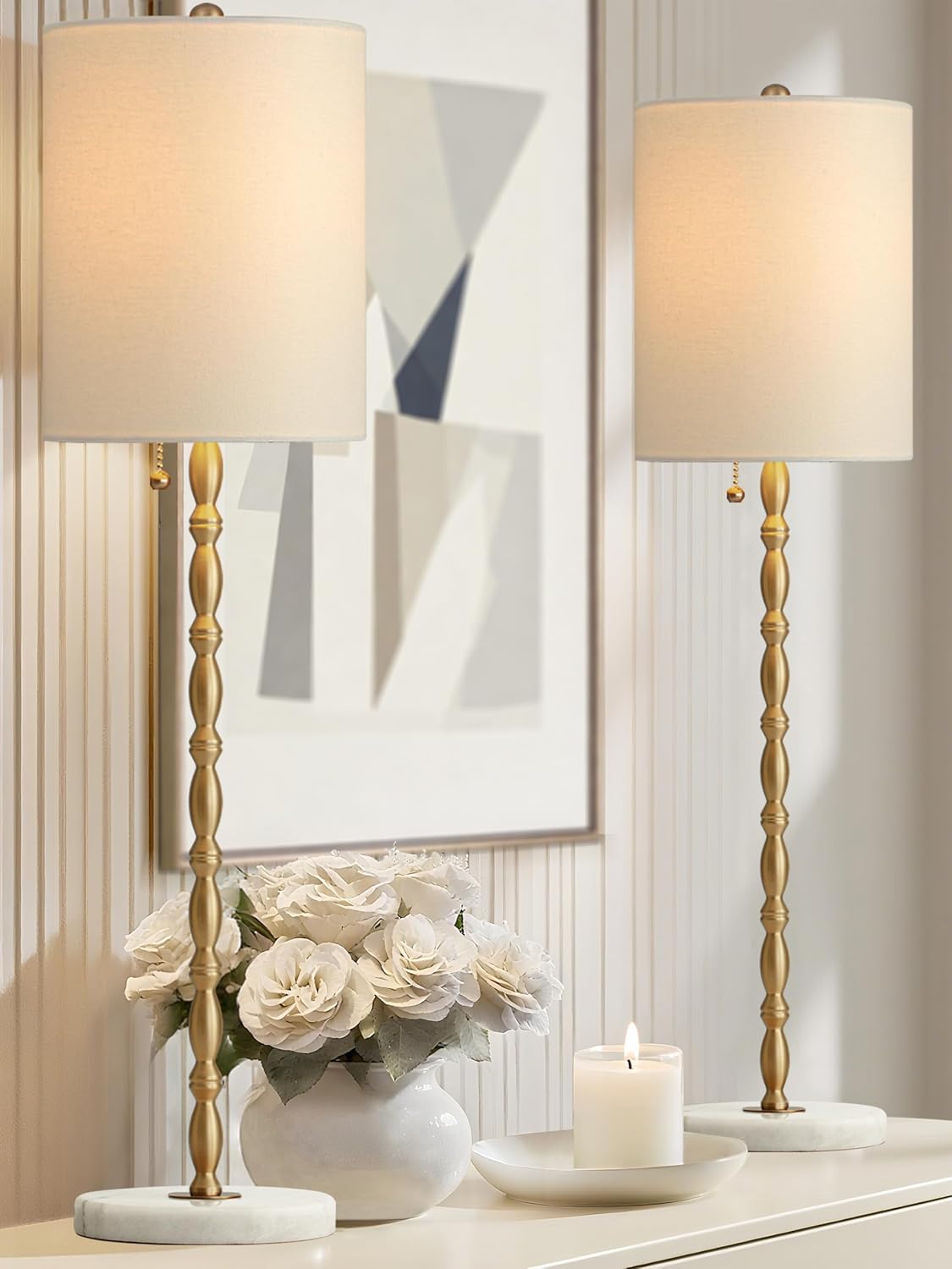 Buffet Lamps Set of 2, 28.5”H Modern Luxury Lamps with Marble Base, Brass Finish and Linen Shade, UL Certified – Elegant Lighting for a Warm Atmosphere in Entryway, Living or Dining Room