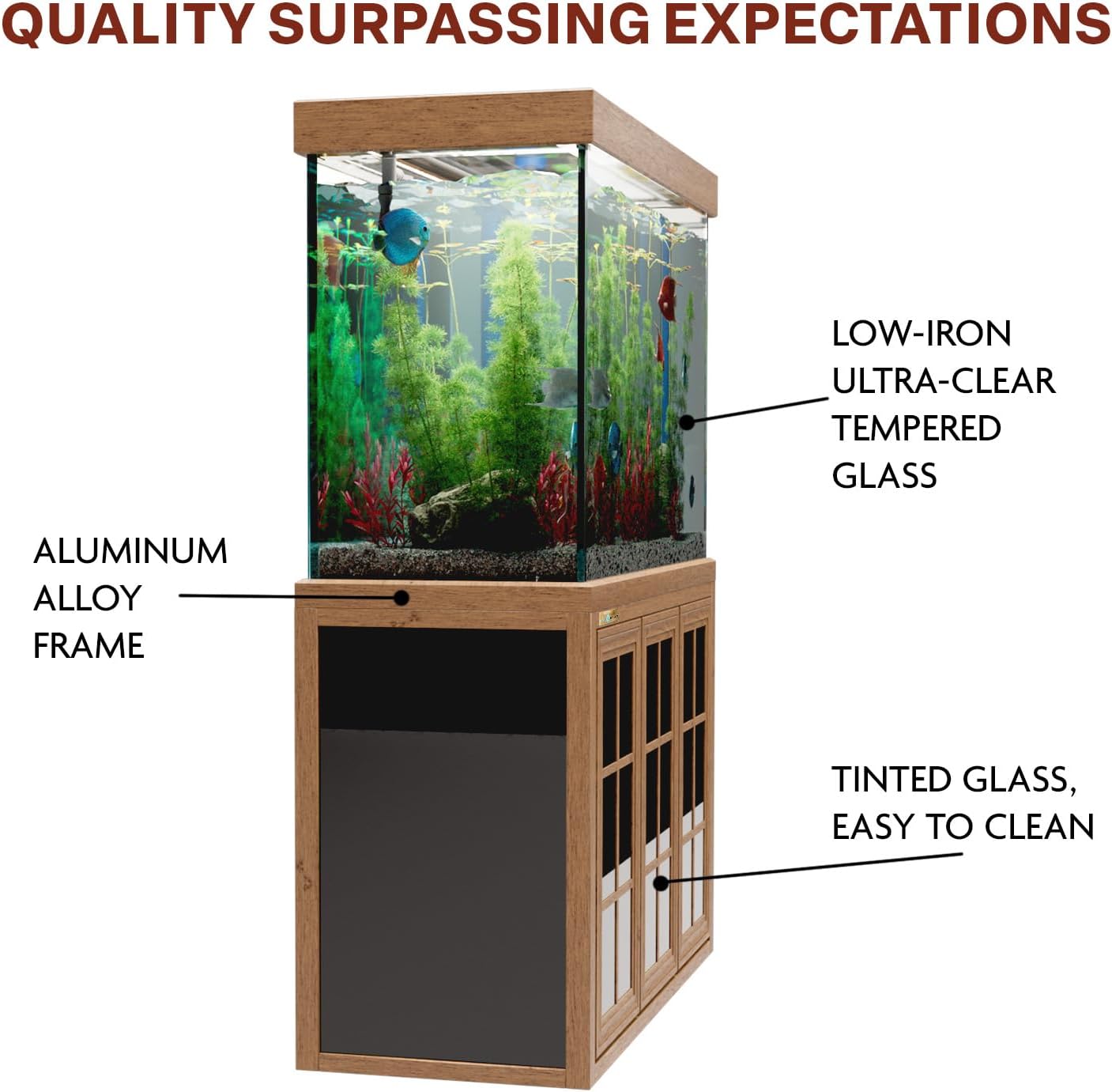Aqua Dream 175 Gallon Aquarium Fish Tank with Upright Fishtank Stand Water Pump Freshwater Filter LED Bundle and Straight Corners Clear Glass - Brown Wood Finish