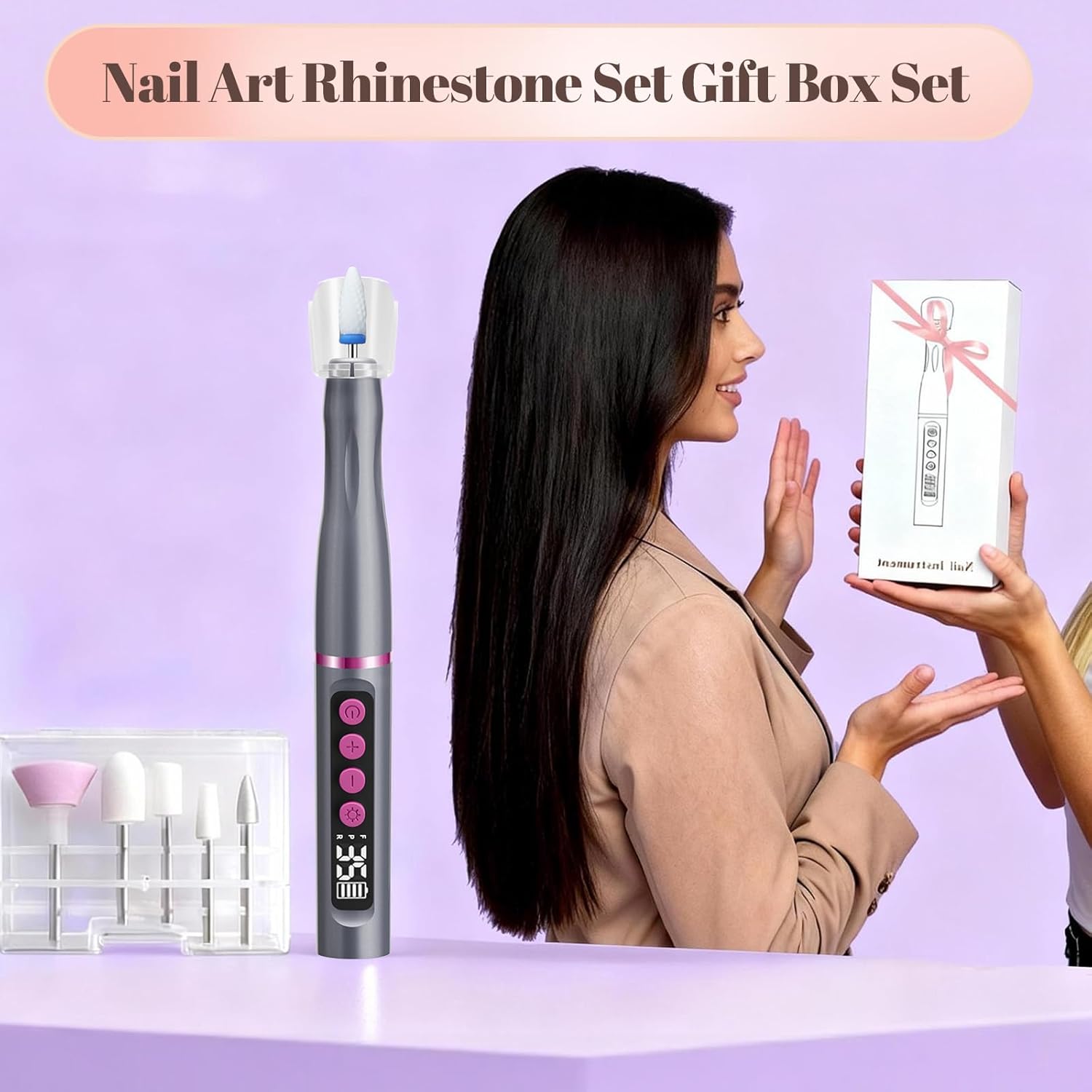 Electric Nail Drill with UV Lamp 6 in 1 Cordless Nail File Portable Efile Nail Set 35000 RPM Professional Rechargeable Nail Drill Machine for Acrylic Gel Nail Manicure Pedicure for Home