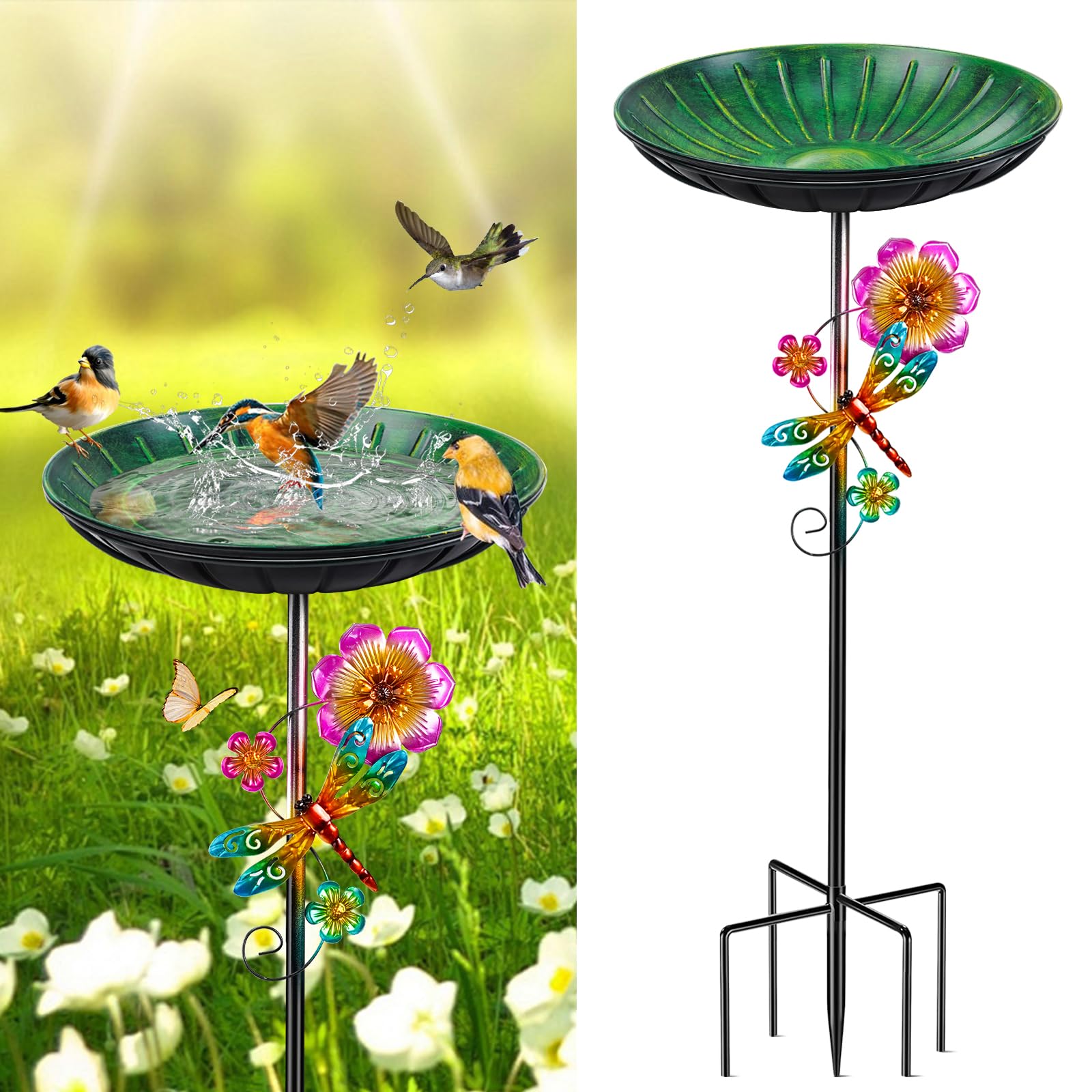 Vogeltränke Stehend 96cm, Vogelbad für Draußen Garten, Metall Futter Schale mit Stabiler 5-Zinken-Basis, Wassertränke für Vögel Vogeltränke Groß Winterfest Frostsicher (Vintage Grün) - 1