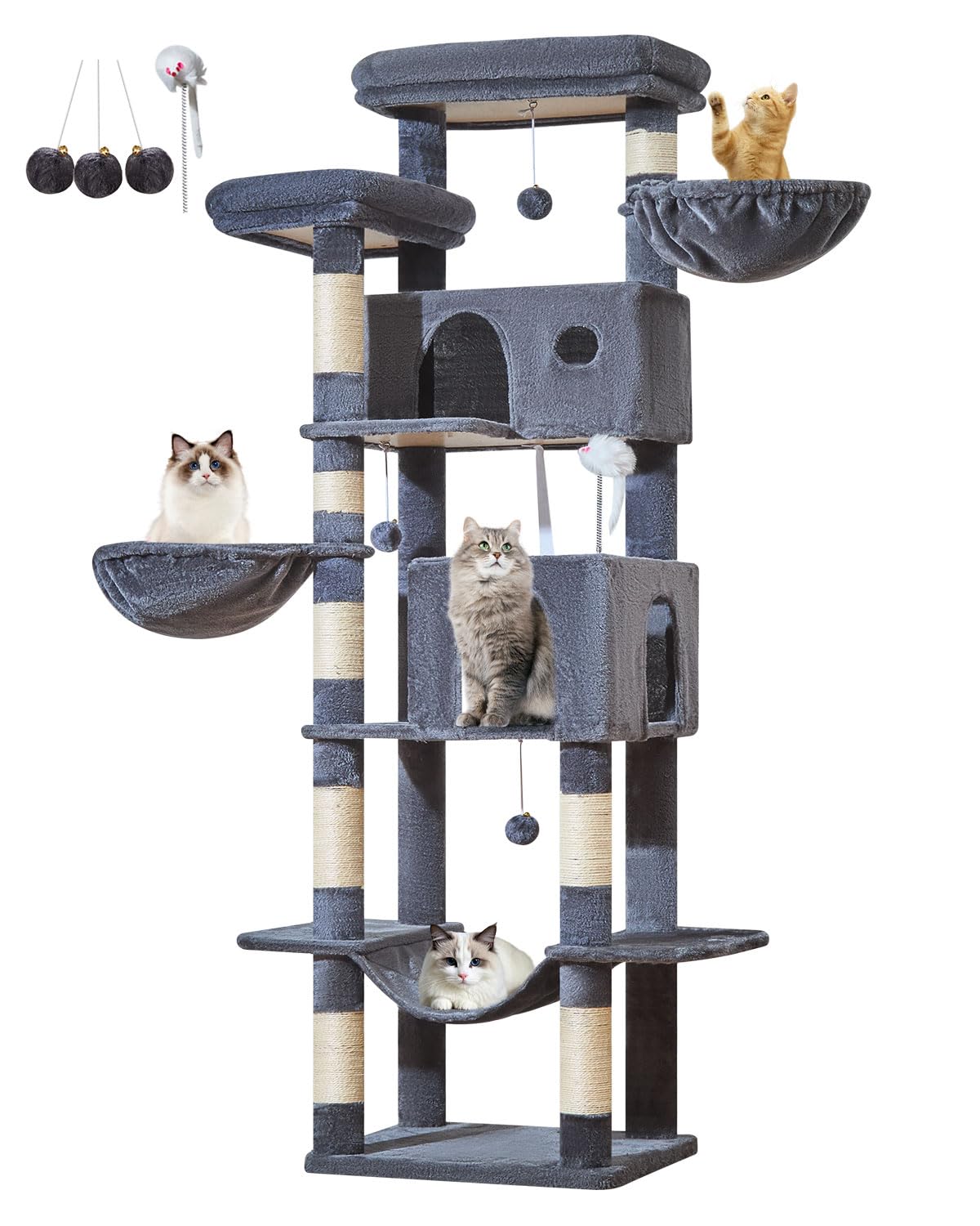 Taoqimiao Árbol para Gatos Grandes 193 cm, Árbol Rascador de Interior con Postes Arañadores, 2 Cabañas, 2 Plataformas, 2 Cestas Colgantes Amplias y Hamaca Suave, MS046G Gris Oscuro