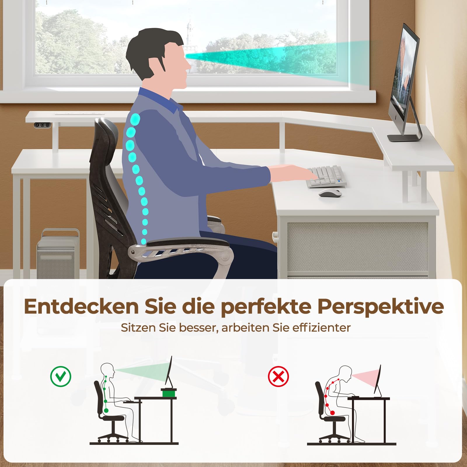Seventable L-förmiger Gaming Schreibtisch mit LED-Beleuchtung & Steckdosen, Eckschreibtisch mit 3 Stoffschubladen & Ablage, Computertisch für Home Office & PC-Gaming,Weiß,119×119×88 cm