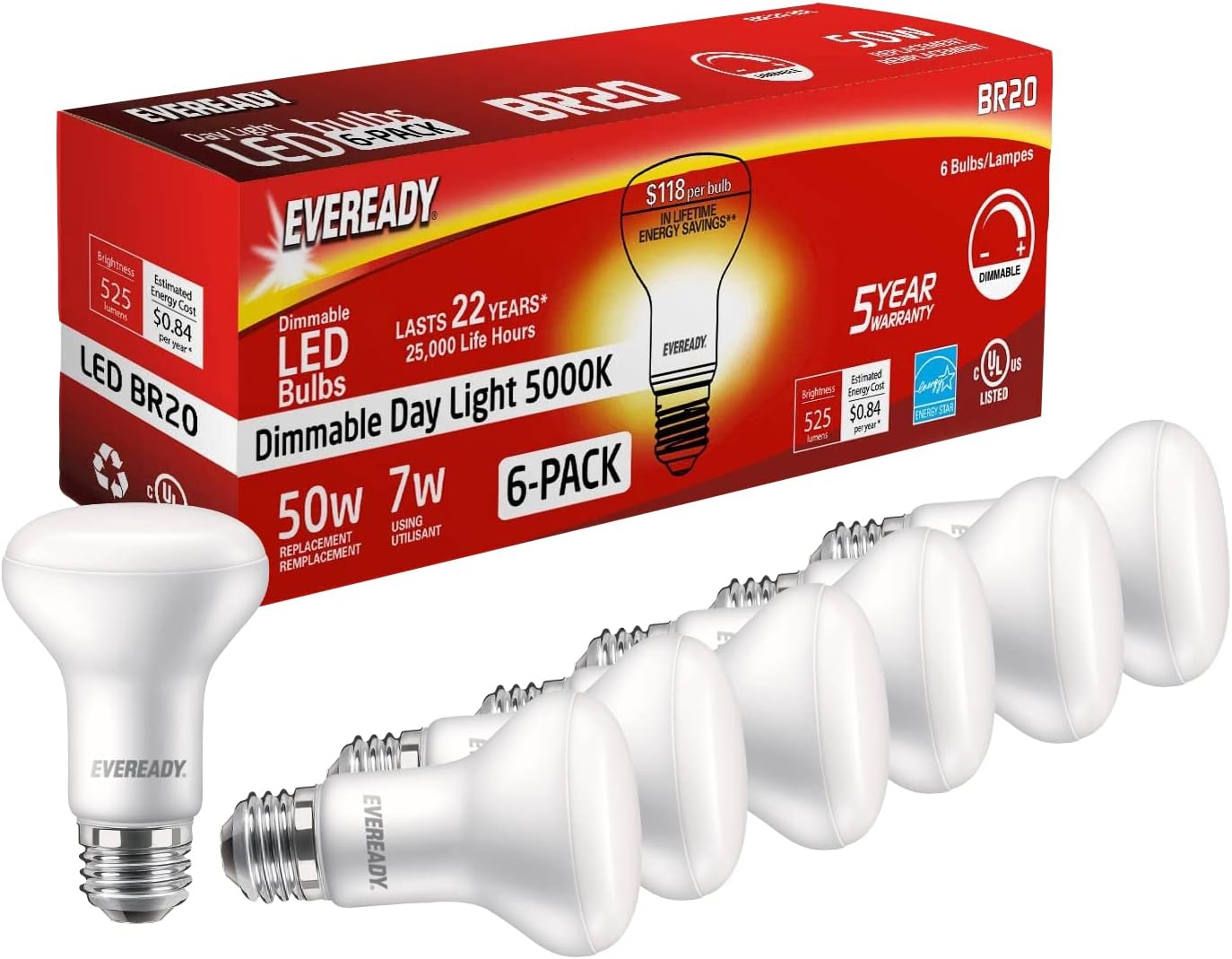 Eveready Led Flood Light Bulbs, BR20, 50 Watt Equivalent (7W Led Bulb), 525 Lumens, 5000K Daylight Color, Dimmable, E26 Base Flood Lights for Recessed Cans, Energy Star and UL Certified – 6 Pack