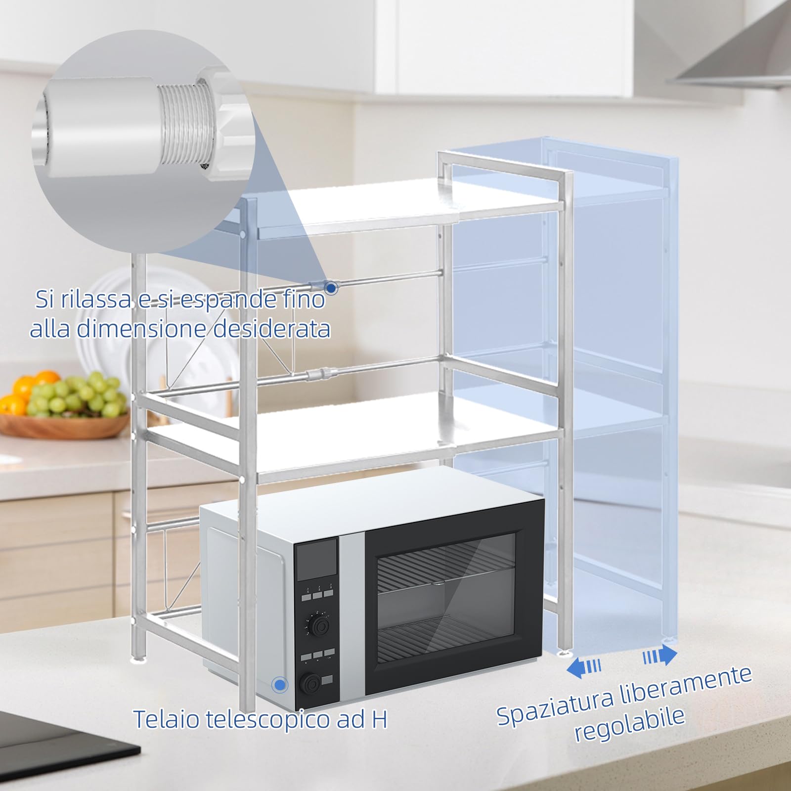 Scaffale per microonde regolabile in 2 livelli, 42-64 cm, portata 75 kg, in acciaio inox, regolabile in altezza, con ganci (bianco)