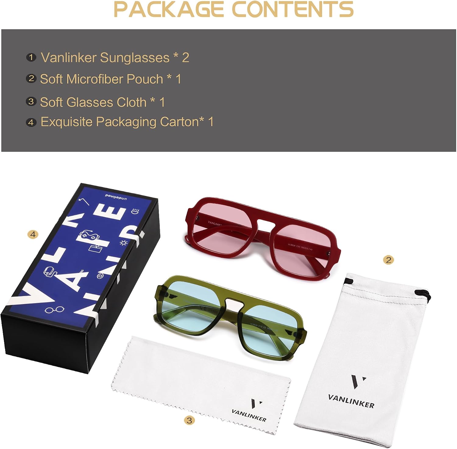 VANLINKER Retro Square Aviator Sunglasses for Women Men 70s Vintage Style Trendy Flat Top Rectangle Sun Glasses VL9826