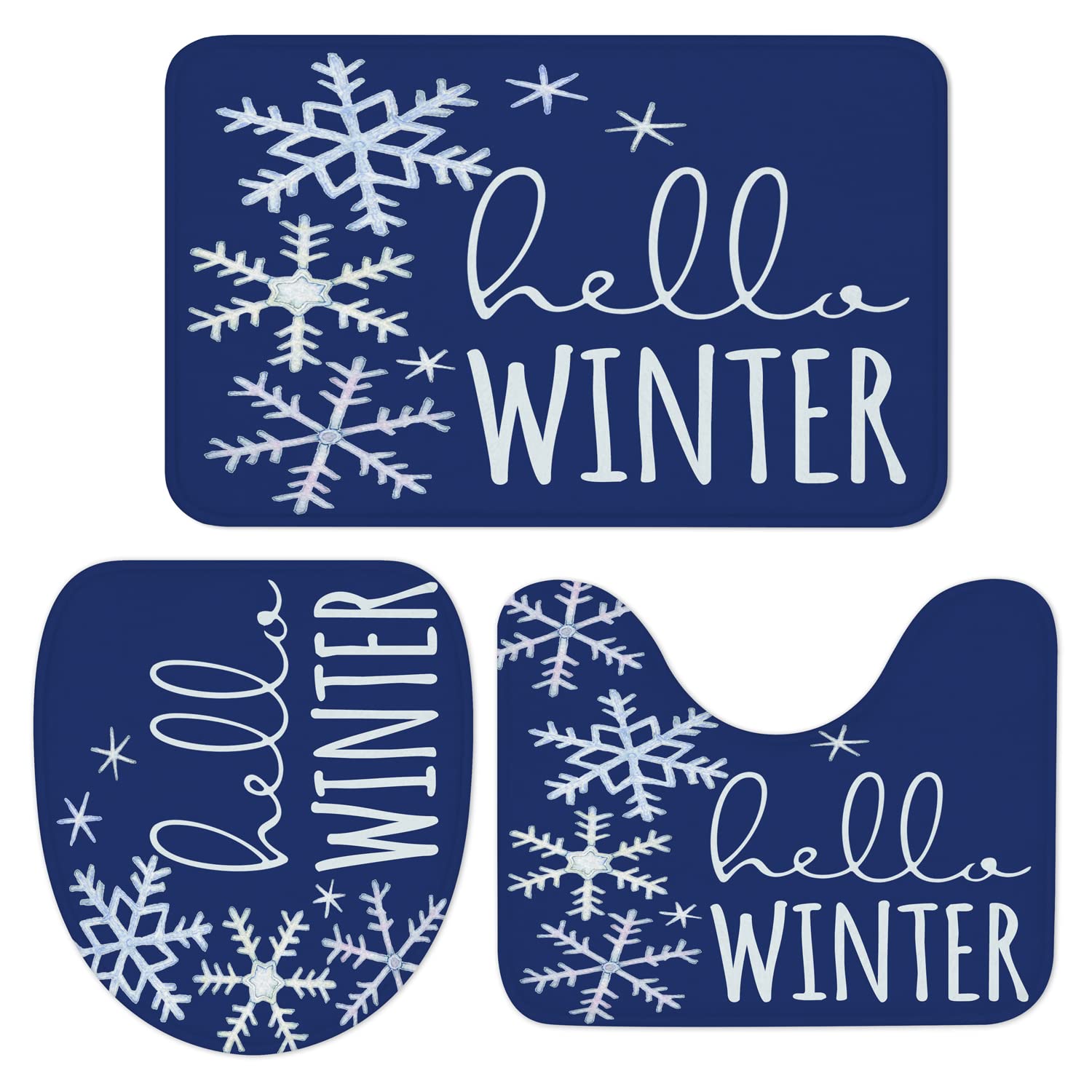 Easternproject 3 Piece Hello Winter Bath Mat Set Christmas Snowflake Blue and White Bathroom Rug Sets for Winter Decorations Non Slip Water Absorbent