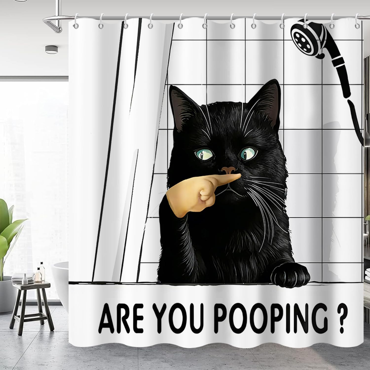 Rideau de douche anti éclaboussures 180x200 cm chat noir lavable en machine
