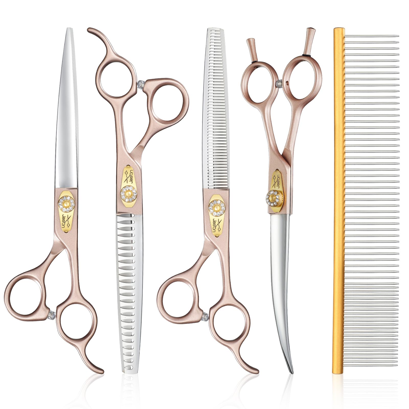 JASON Set Forbici Toelettatura Cani, Forbici Professionali 6in1 Affilate e Durevoli - Forbici da 7.5" per Sfoltire, Chunker, Dritto e Curve Oro Rosa