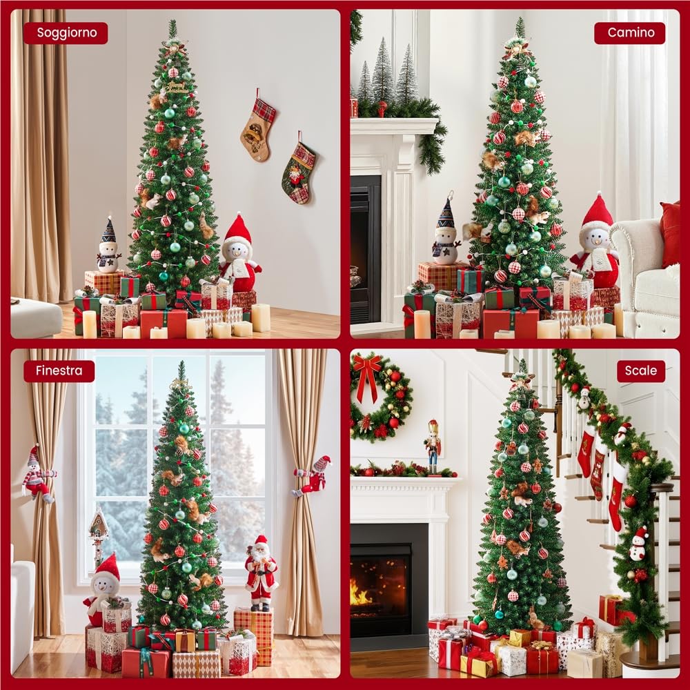 Yaheetech Slim Albero di Natale Artificiale in PVC Alto e Stretto con Base in Plastica Decorazione Natalizia Casa Ufficio 60 × 60 × 183 cm Verde