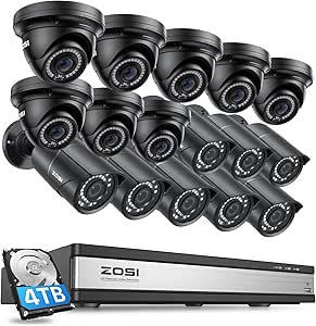 ZOSI 4K 16 Channel PoE Security Camera System Outdoor Indoor, 16CH 4K NVR with 4TB HDD for 24/7 Recording, 16 X 5MP (3K) Bullet Dome PoE Cameras with Night Vision, Motion Detection, Remote Access asin的图片