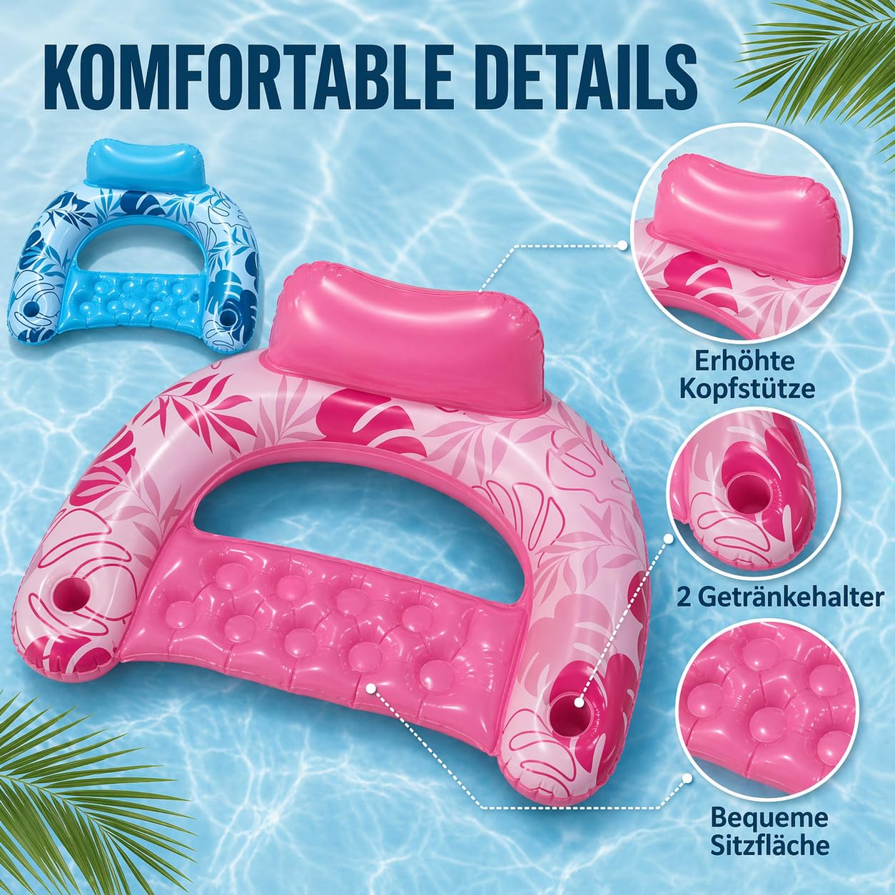 Colchón de aire para piscina, juguete de agua para adultos - Sillón portavasos | Hamaca hinchable para piscina, 2 unidades, color azul y rosa