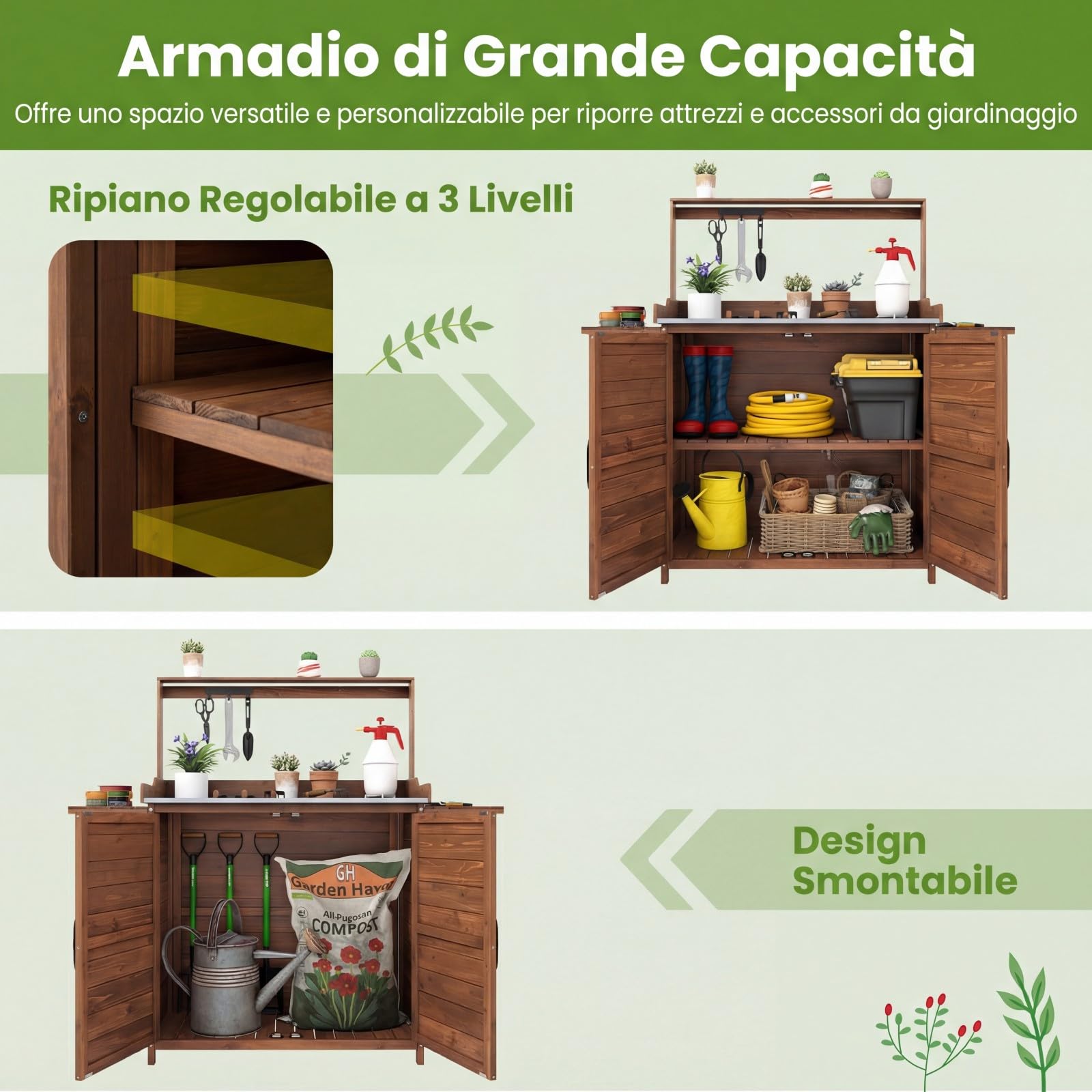 COSTWAY Tavolo da Giardino con Piano Zincato Impermeabile, Mensole Pieghevoli, Ripiano Regolabile, Ganci e Armadietto, Banco per Giardinaggio in Legno da Esterno, 138 x 47 x 128 cm