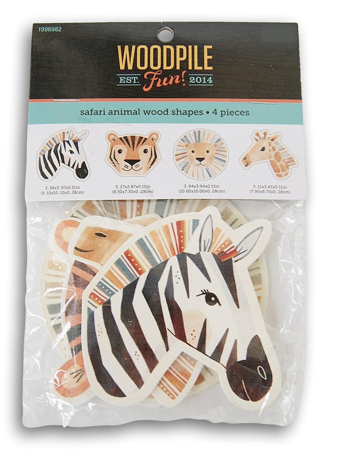 Craft Supply Safari Animals Painted Wood Cutout Shapes - 4 Mini Pieces - Zebra, Tiger, Lion, Giraffe, Multicolor