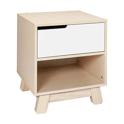 Babyletto Hudson - Mesita de noche con puerto USB en blanco y natural lavado, 1 cajón y compartimento de almacenamiento