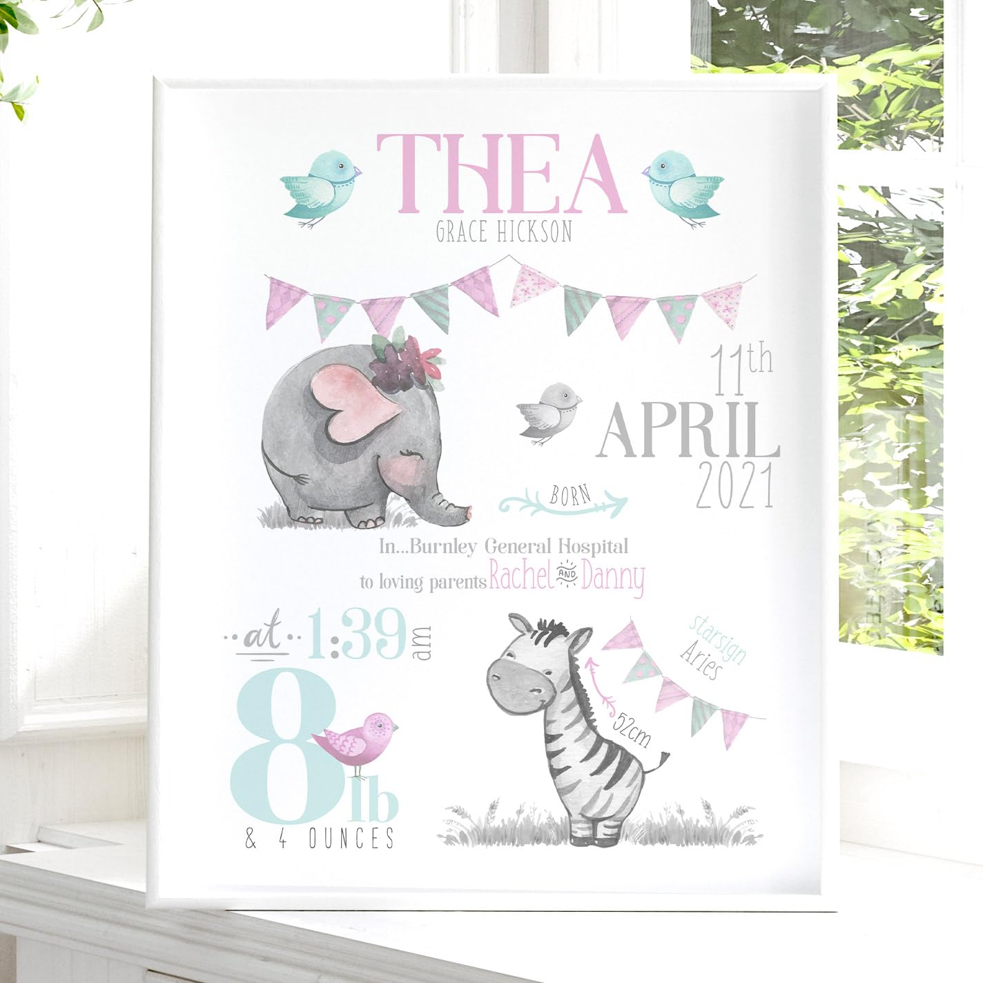 The Whistling Wren - Personalised Watercolour Safari Birth Print - Birth Stats New Baby Girl Gift - FRAMED or UNFRAMED Options - Pink (BABY GIRL)