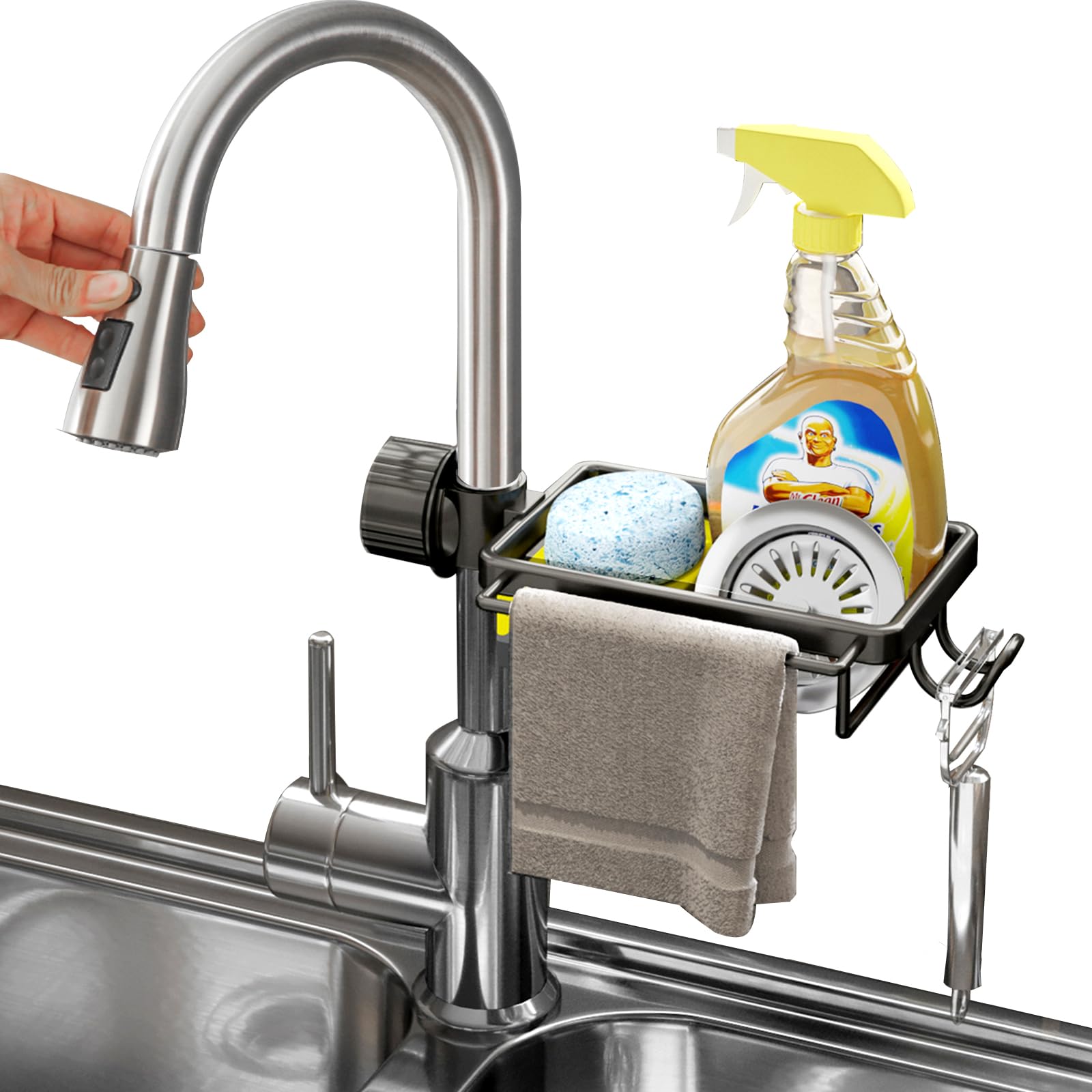 SIMCAS Sponge Holder, NeverRust Sponge Holder for Kitchen Sink Caddy Organizer, Soap, Brush, Over the Sink Faucet Sponge Holder Drain Rack for Kitchen &RV Accessory, Hooks, Detachable Drainrod, Black