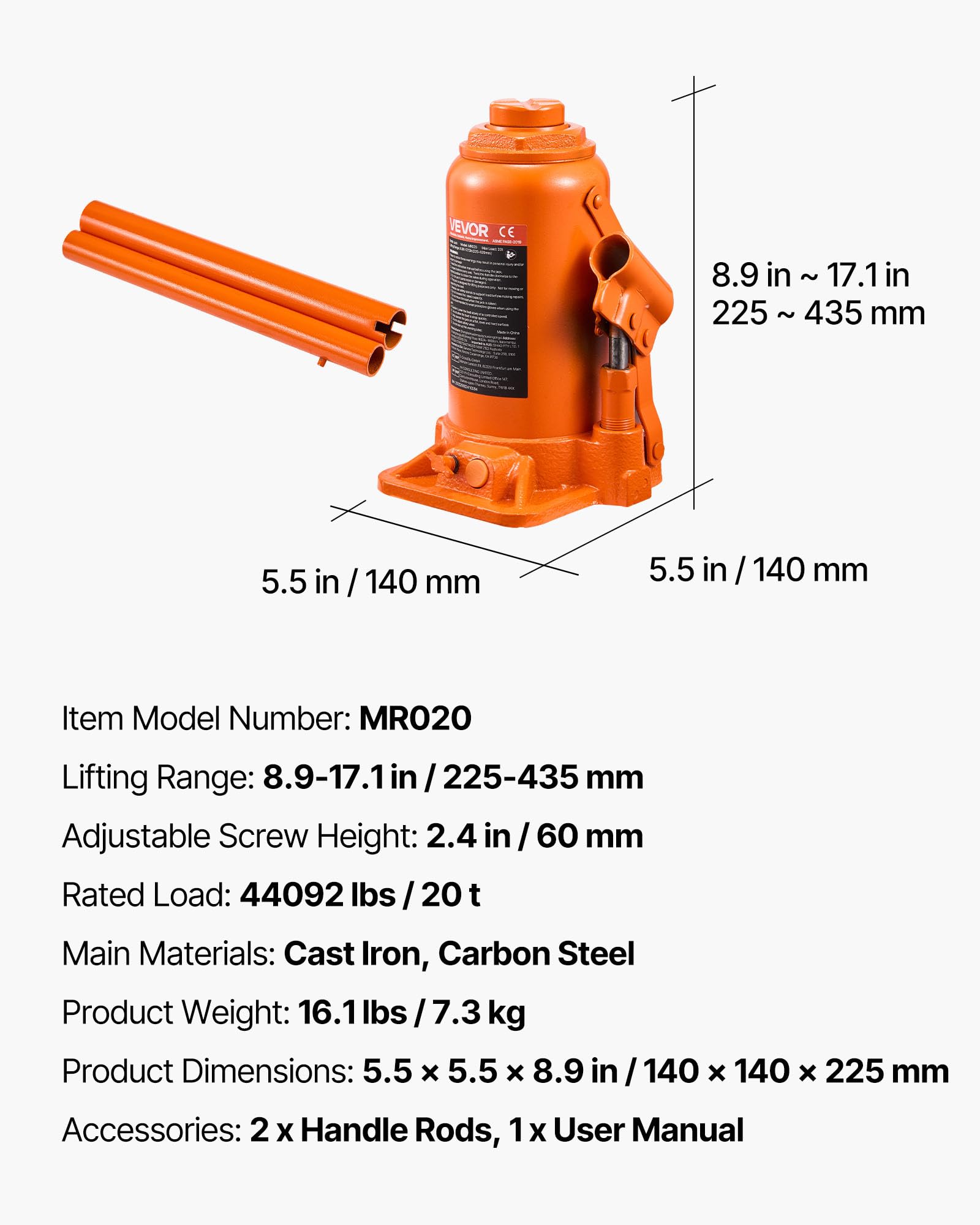 VEVOR Gato Hidráulico de Suelo 20 T, Elevación 225-435 mm, para Coches SUV Camionetas