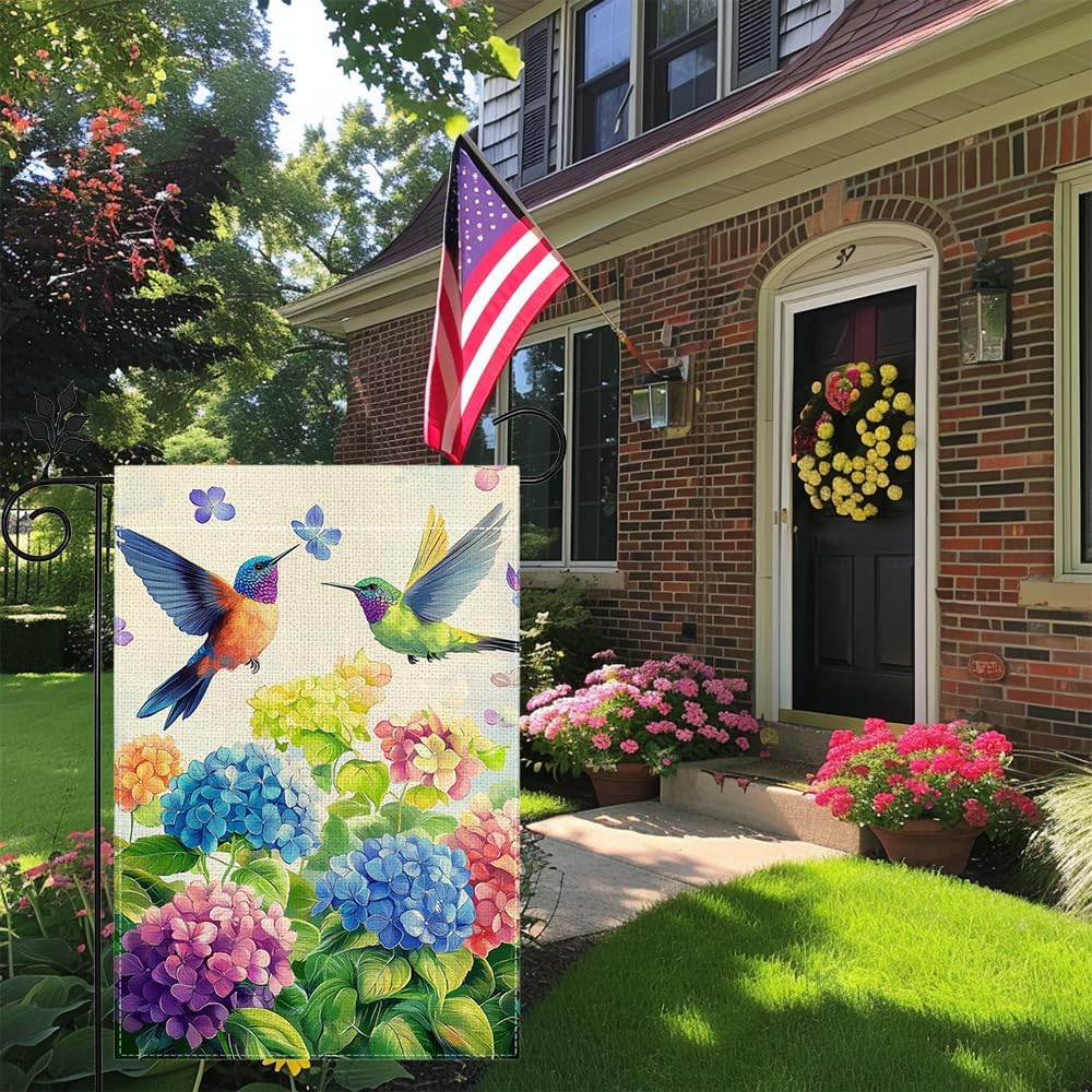 Hummingbirds Hydrangeas Flower Garden Flag Spring Colorful Floral Welcome Yard Outdoor Flag Double Sided 12x18 Inch - Image 2