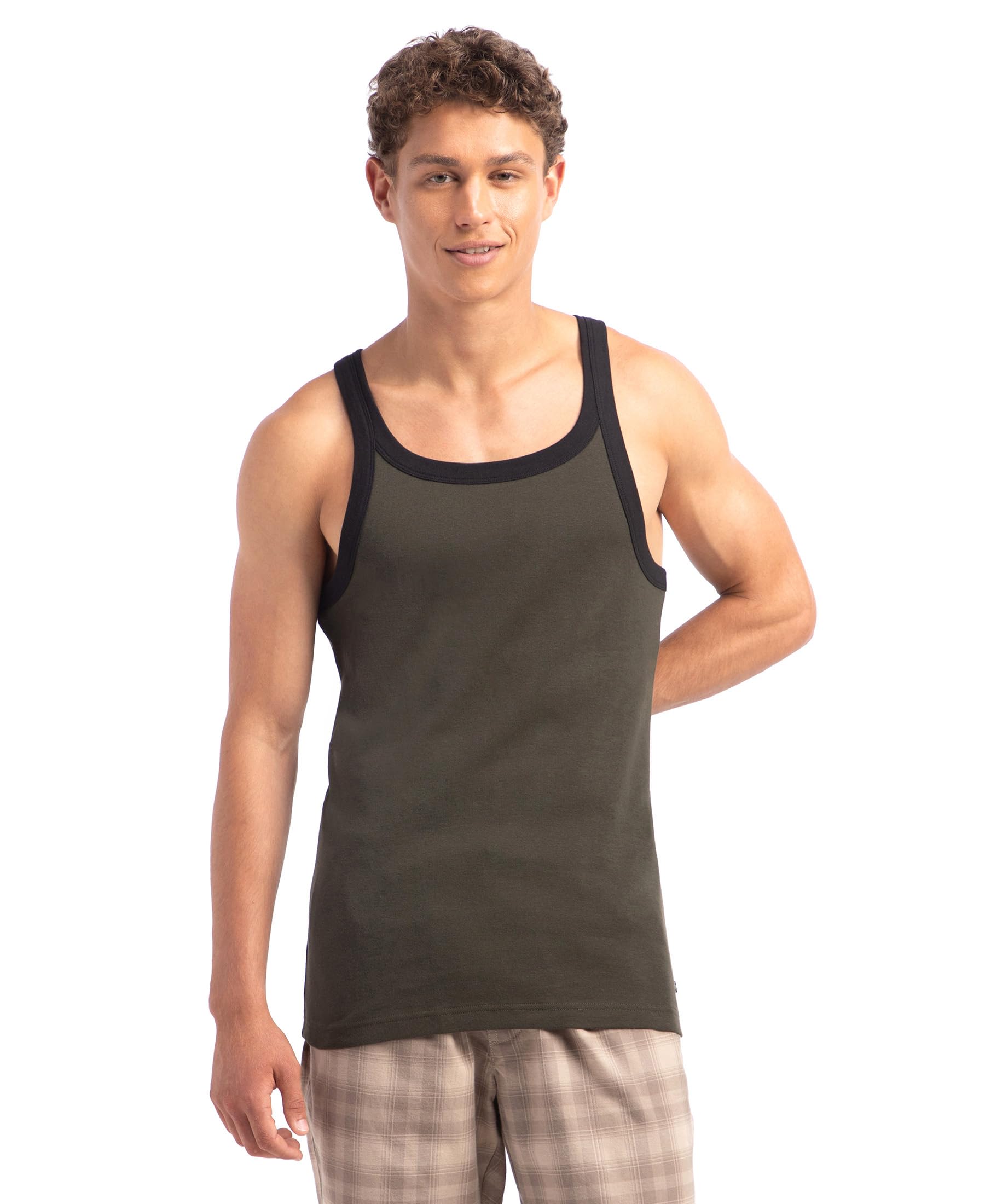 jockey US27 Men's Super Combed Cotton Rib Square Neck Gym Vest (Shoulder Strap Color May Vary)_Olive & Black_XL-picture-25