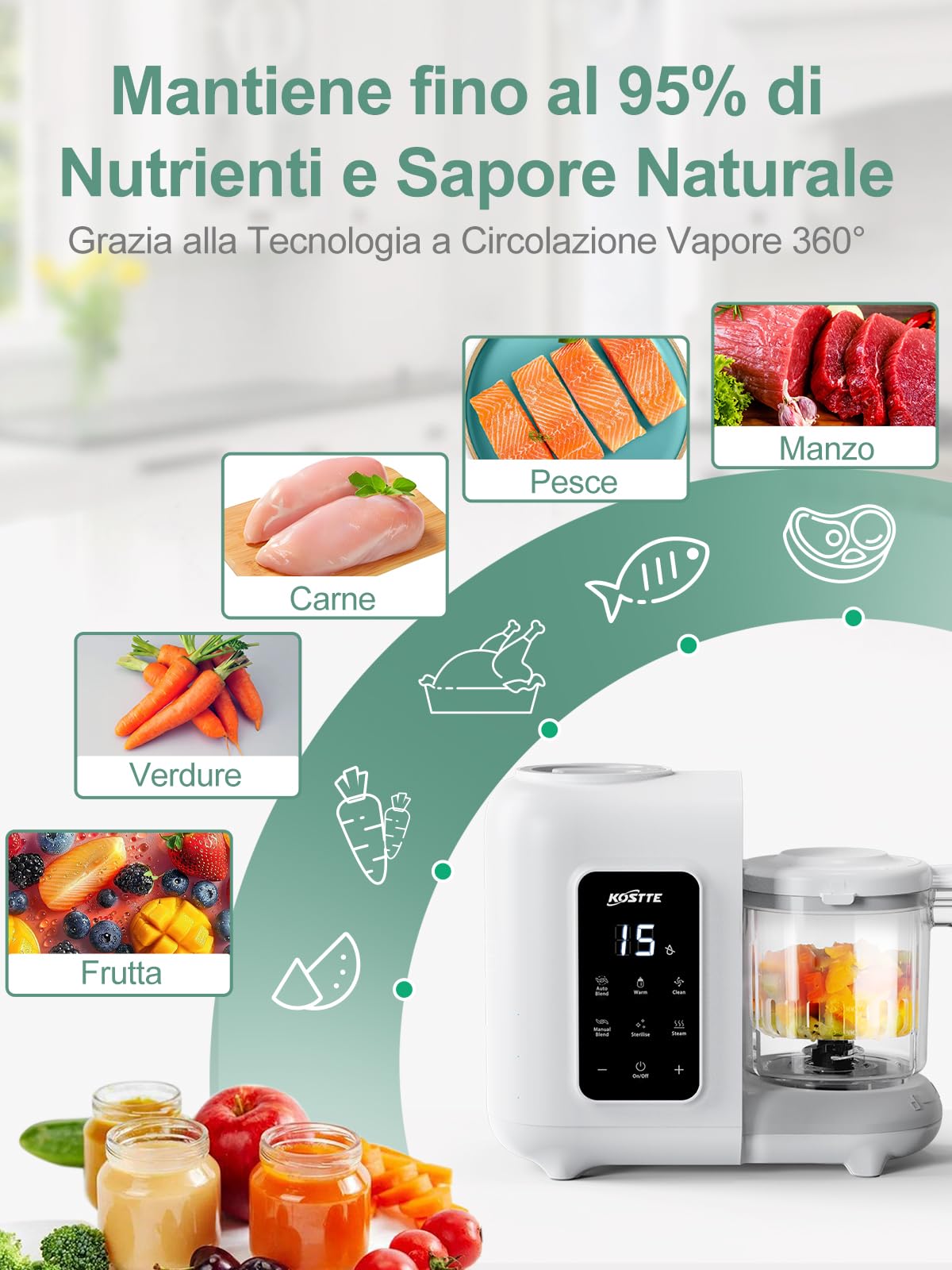 Omogeneizzatore per Neonati Robot da Cucina Multifunzione con Vapore 360°, Autopulizia, Scongelamento Rapido