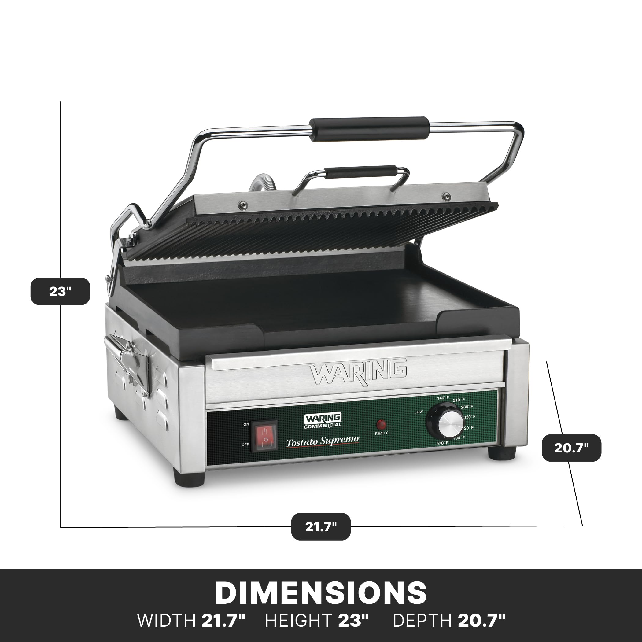 Waring Panini Press with 14.5 x 11 Cooking Surface & Ribbed & Flat Plates | Ribbed & Flat Cast Iron Plates 14.5 x 11 Cooking Surface 570F Adjustable Thermostat 120V product thumbnail 4