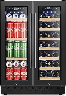 TYLZA 24-Inch Dual Zone Wine & Beverage Refrigerator: French Door Cooler Holds 20 Bottles & 88 Cans, Built-In or Freestanding Black Fridge