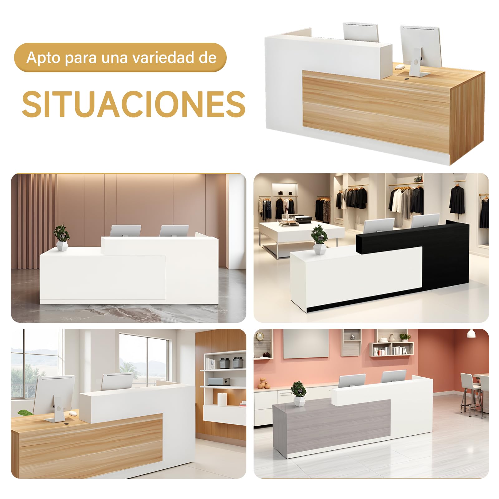 Mostrador Recepción Moderno de 100 A 240 cm con Cajón y Estantes Abiertos Mueble para Oficina Salón de Belleza Tienda o Área de Entrada