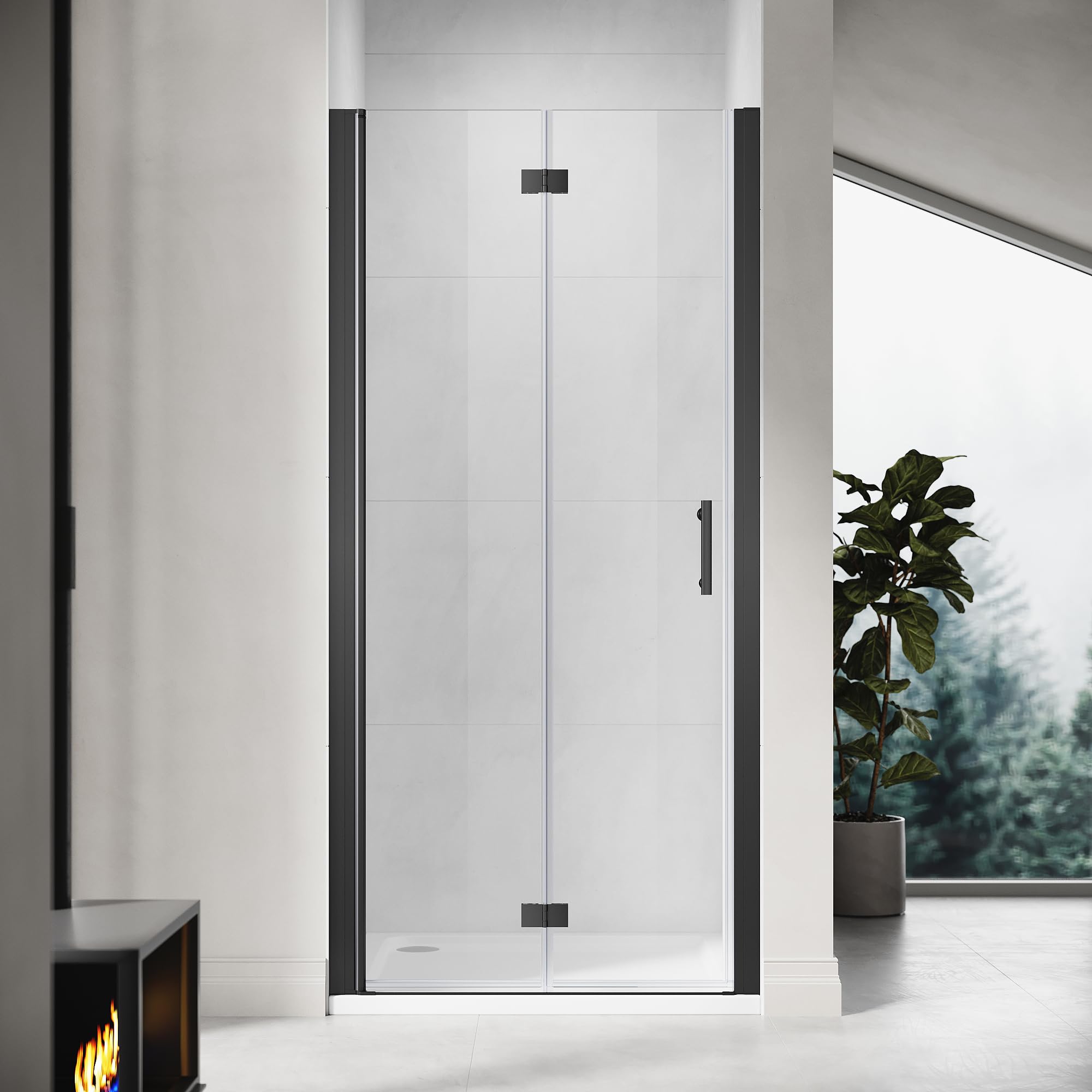 ZANOFIRA 760mm Black Frameless Bi-Fold Shower Door Folding Shower Screen 6mm Toughened Clear Safety Glass Space Saving Magnetic Seal Reversible for Wet Rooms En-Suites