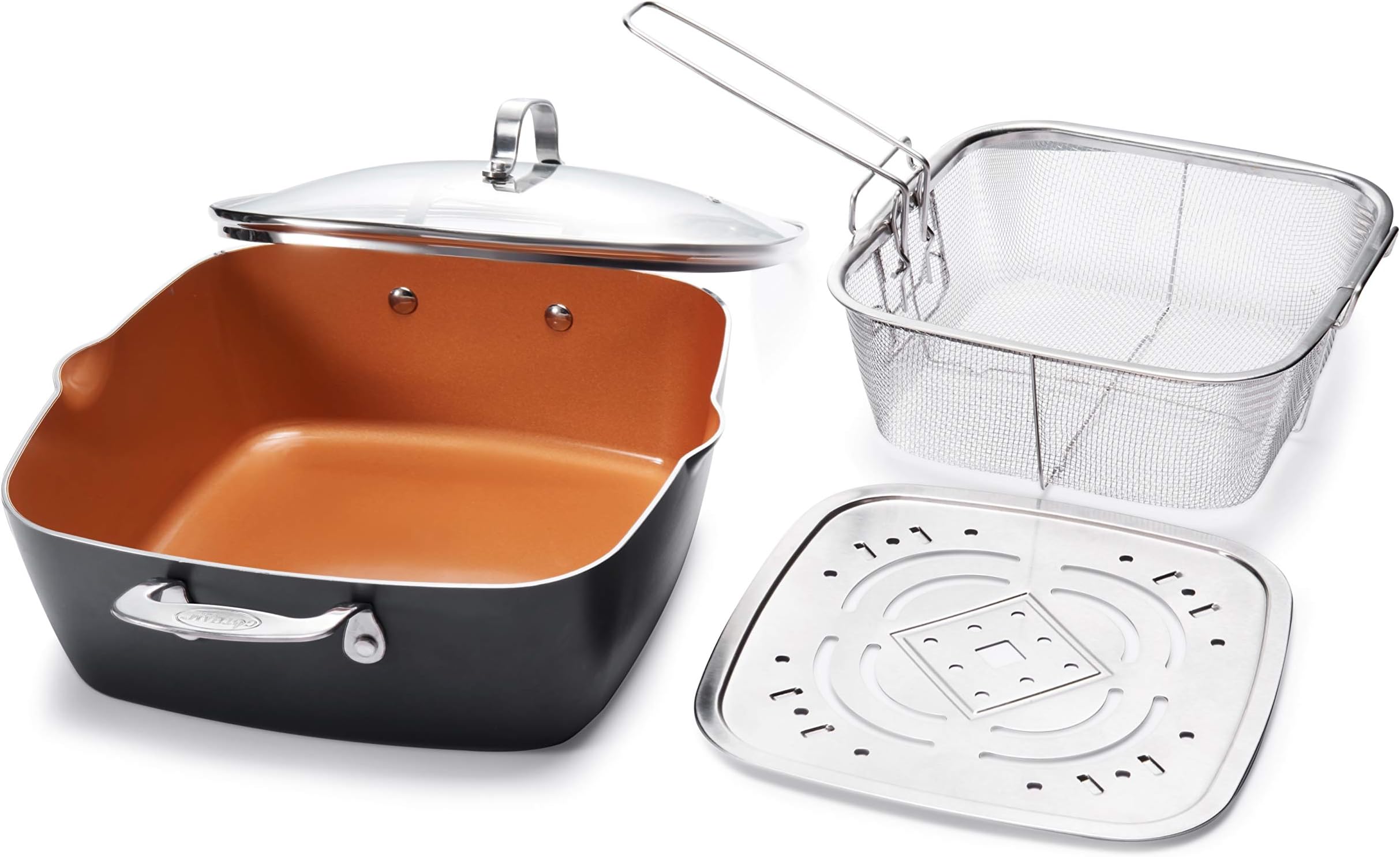 GOTHAM STEEL - 6 Quart XL Nonstick Copper Deep Square All in One 6 Qt Casserole Chef’s Pan & Stock Pot- 4 Piece Set, Includes Frying Basket and Steamer Tray, Dishwasher Safe,Brown