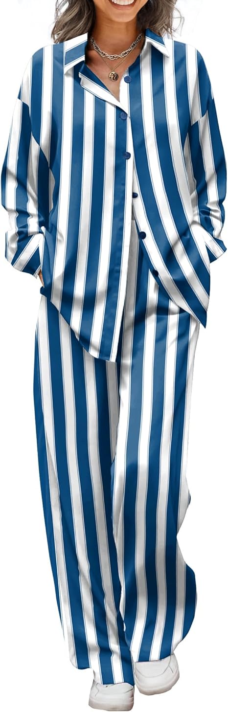 Ekouaer Womens Satin Silky Pajama Set 2 Piece Print PJs Soft Loungewear Button Down Sleepwear with Elastic Waist Long Pants