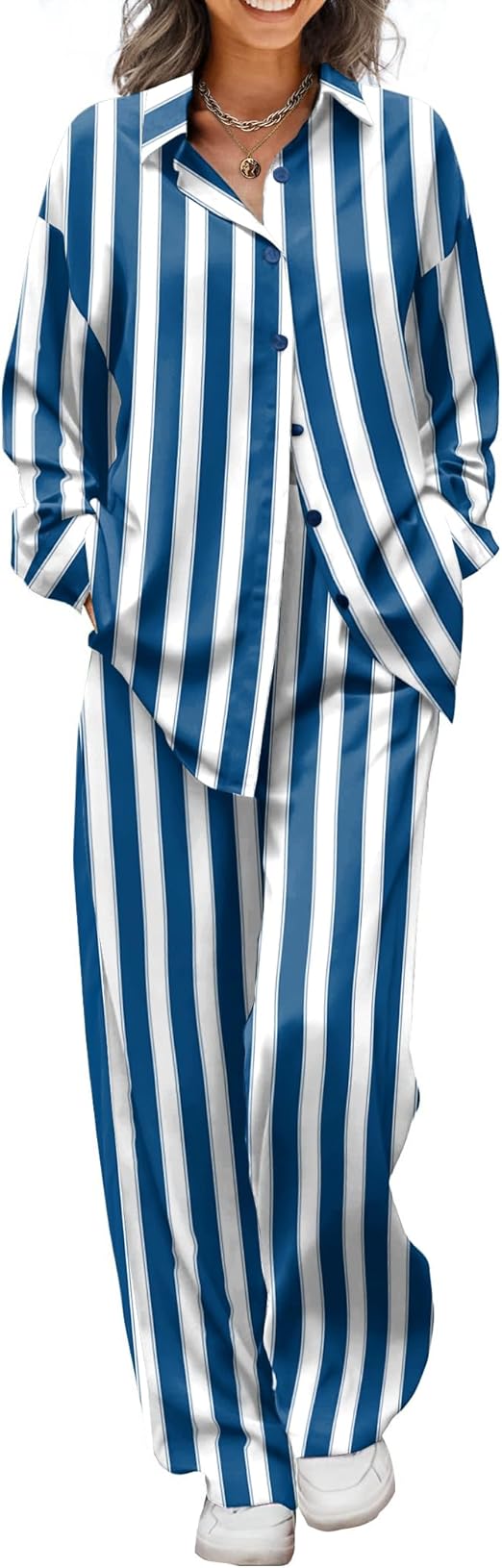 Ekouaer Womens Satin Silky Pajama Set 2 Piece Print PJs Soft Loungewear Button Down Sleepwear with Elastic Waist Long Pants