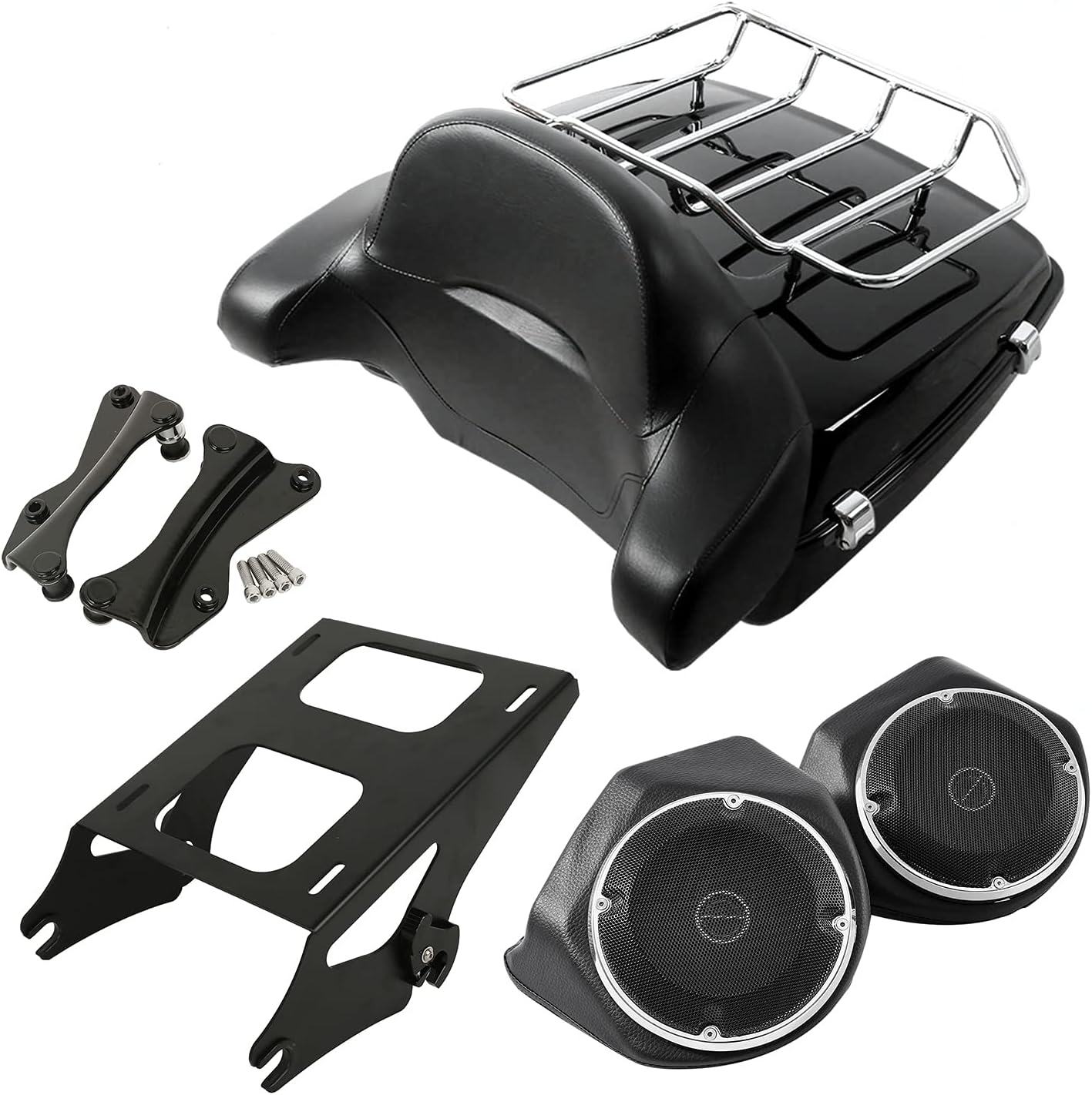 Vivid Black King Tour Trunk Kit, Tour Trunk+Luggage Rack+Backrest+Red LED Brake TailLight Accent for Harley Davidson Touring Road King, Road Glide, Street Glide and Select CVO Models 2014-2024