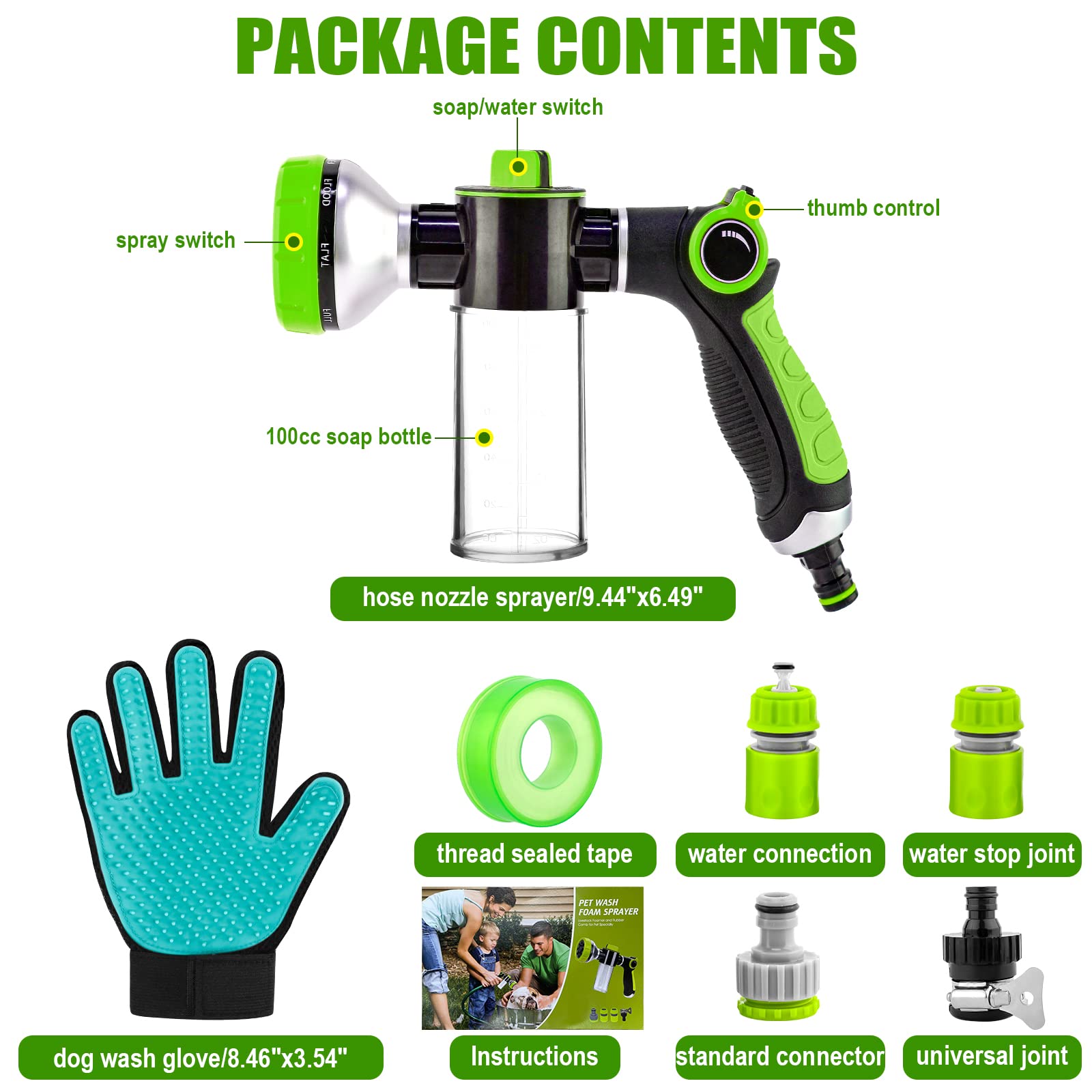 Upgraded Dog Wash Hose Attachment, 8-in-1 Sprayer Mode Garden Hose Nozzle with Pet Grooming Glove and 100cc Soap Dispenser Bottle, Adopted in Watering Flowers, Car Wash, Dog and Horse Showering - image 8