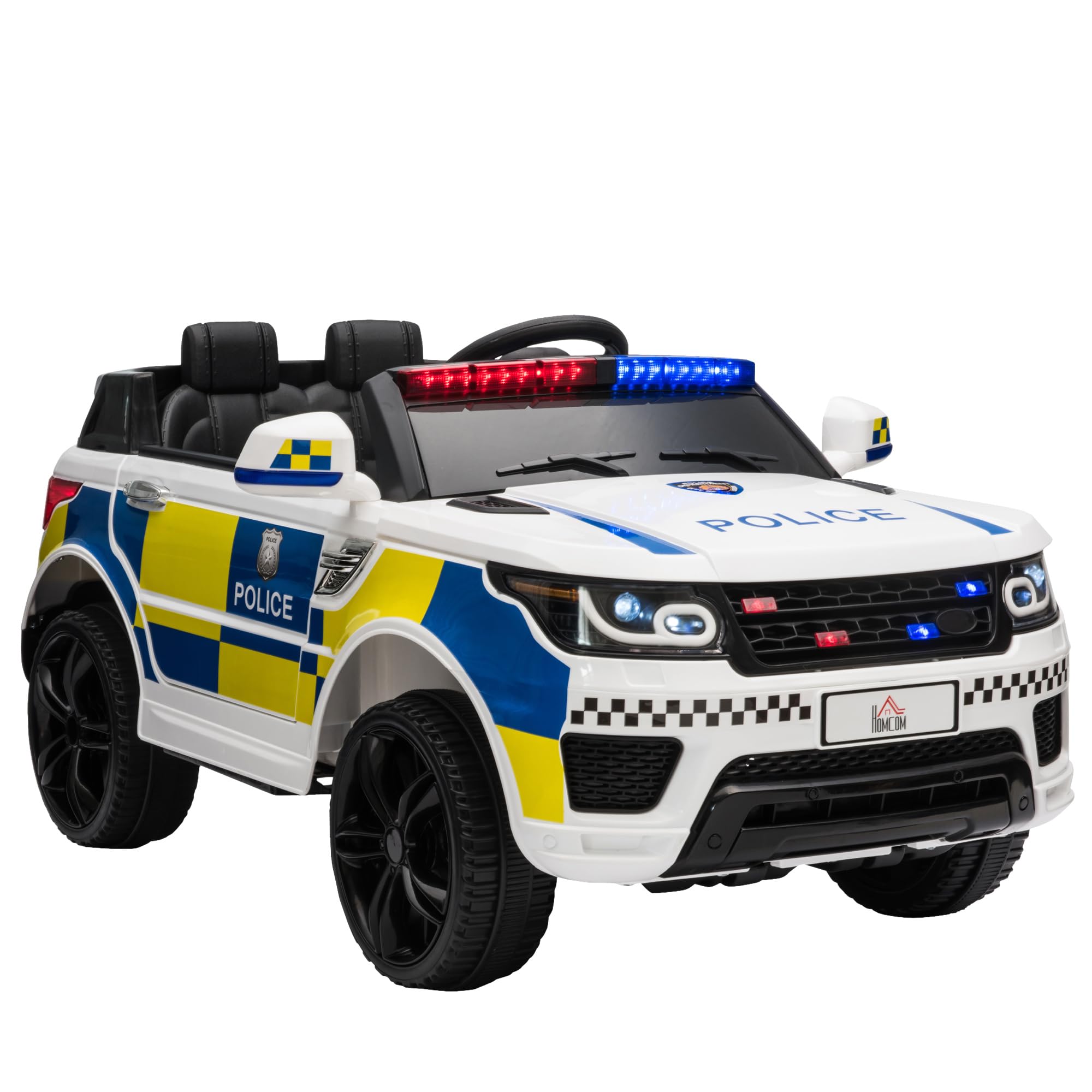 HOMCOM Macchina Elettrica per Bambini della Polizia con Sirena 12V Bianco | Auto Elettrica per Bambini con Telecomando, Sirena, Luci, Attacco USB per Musica, 110x68x52cm