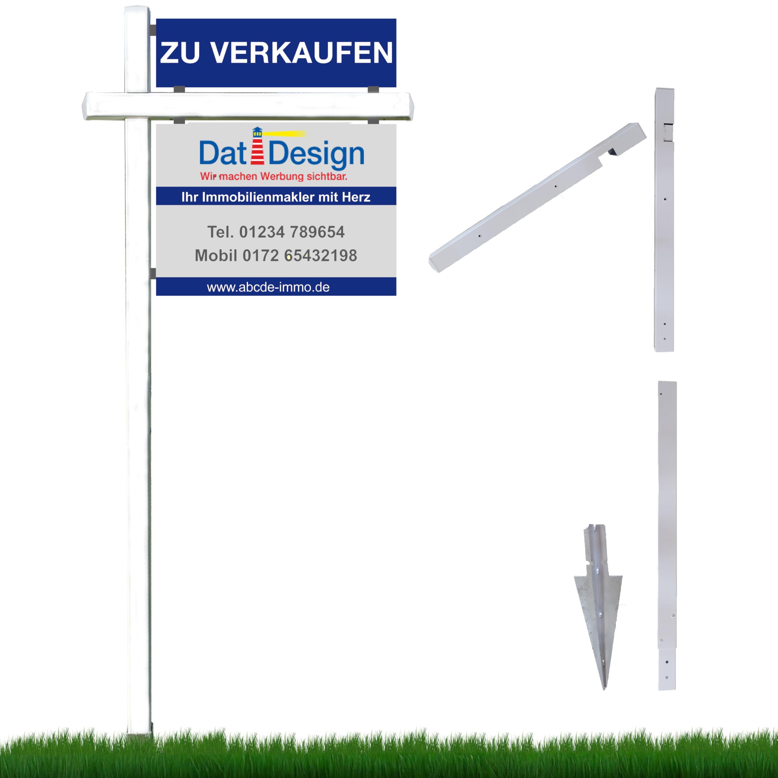 Maklergalgen aus Aluminium – Werbegalgen/Schilderhalter für Außenschilder – gewerblich – inkl. Erdspieß & Schildern