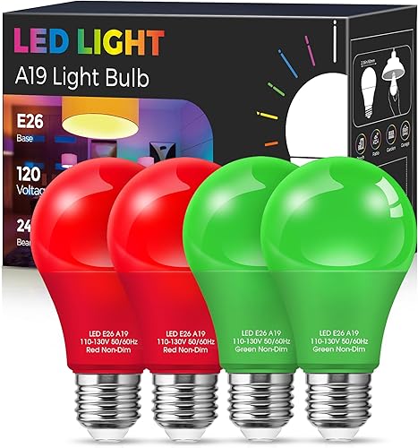 Bombillas rojas y verdes (paquete de 4), bombillas LED A19 de Navidad, bombillas rojas E26 de 9 W, bombillas verdes, bombillas rojas de 720 lúmenes,