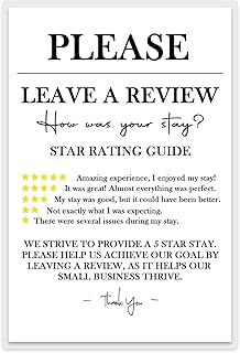 Please Leave a Review Sign - 4x6 Inch Laminated Feedback Request Card for Vacation Rental, Air BnB, Hotel & Business, Includes 4 Damage-Free Adhesive Dots