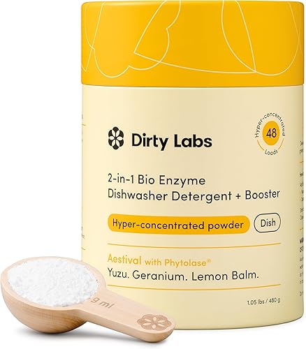 Dirty Labs | Detergente para lavavajillas y potenciador | Aroma estival | 48 cargas (1 libra) | Ultra limpio, sin manchas, optimizado de lavado