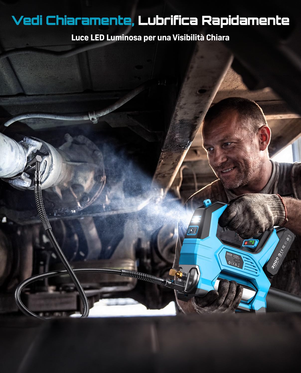 Seesii 12.000PSI Ingrassatore a Batteria con 2 Batterie (compatibili Anche con batterie Makita da 18 V), 3 velocità, Motore Brushless, 3 Testina Ingrassatore, Tubo da 1.2m, per Attrezzature Pesanti