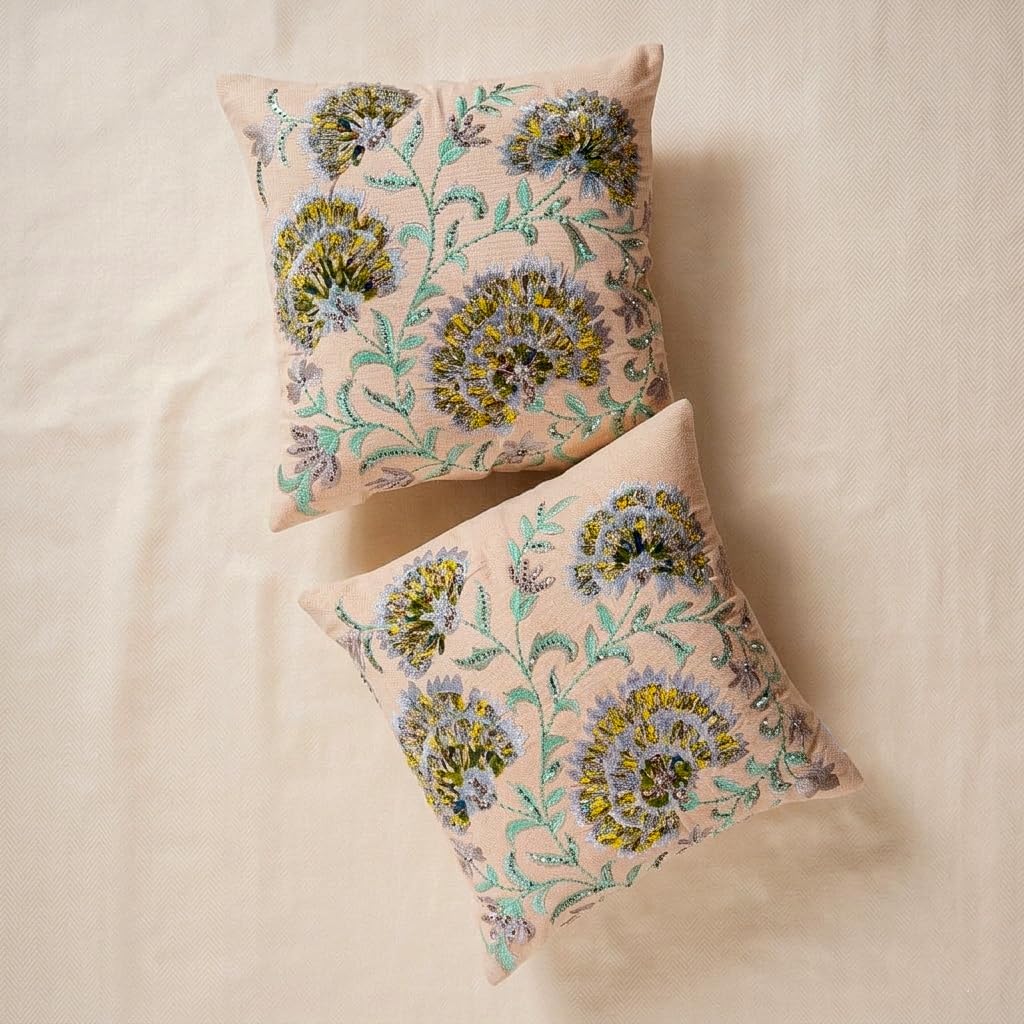 ZOMI Embroidered Patchwork Throw Pillow Covers 18x18 Inch Set of 2 Beaded Floral Cotton Cushion Covers Decorative Square Accent Pillowcases for Sofa Couch Living Room Boho Home Décor (ICY Petal)