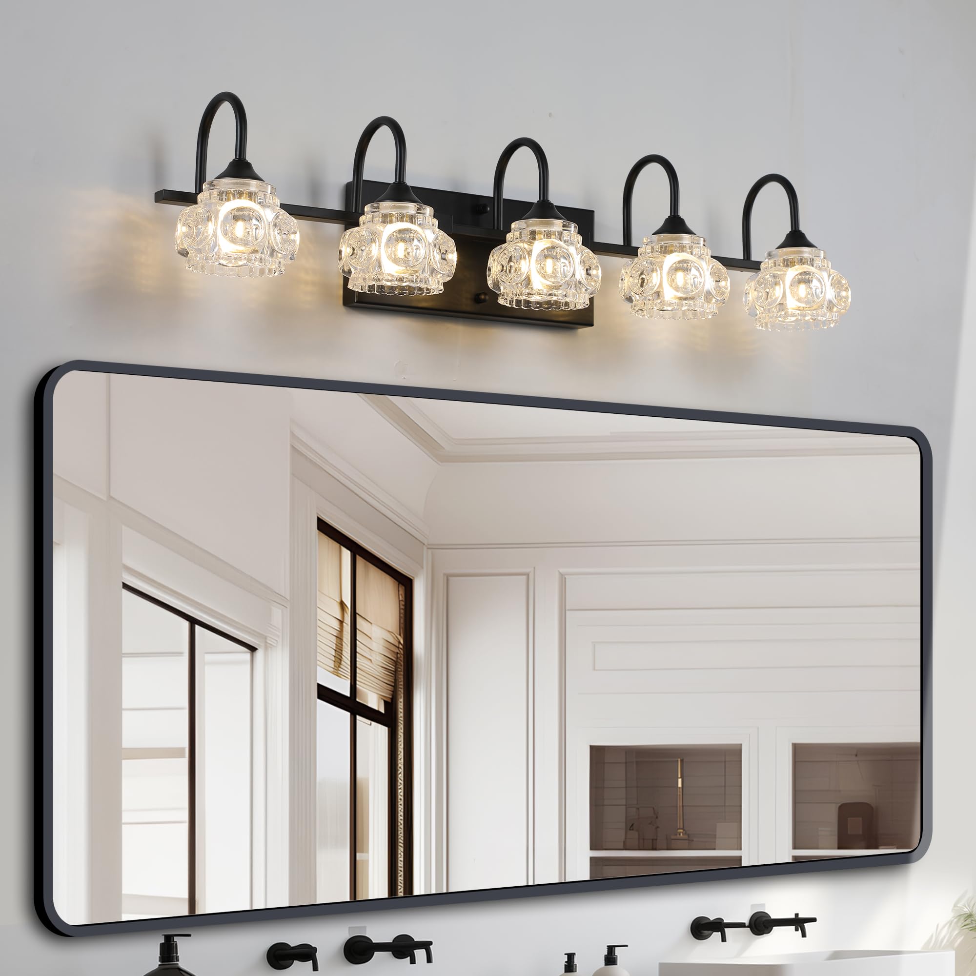 VDOQTLJT Illuminate Your Space with Retro 5-Light Bathroom Vanity Light Fixture Black Finish Crystal Glass Shades Wall Mounted