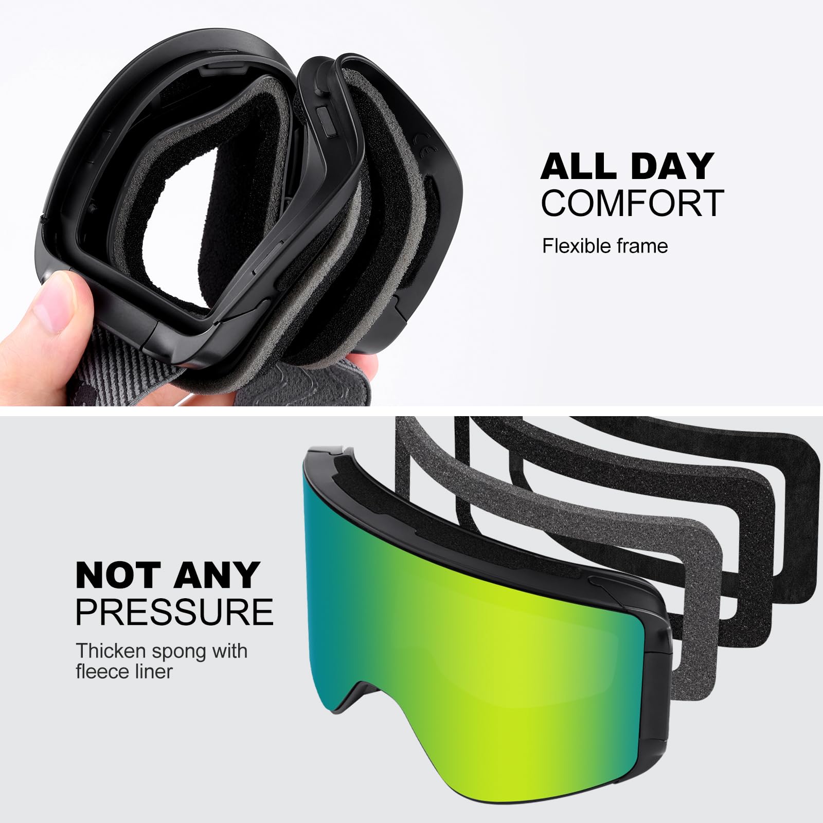 Odoland Kit di Maschera da sci con Lente Rimovibile, Lenti Intercambiabili Magnetico Senza Cornice, Occhiali da Sci Anti-nebbia con Protezione UV400, per Uomini e Donne, Compatibile con Casco