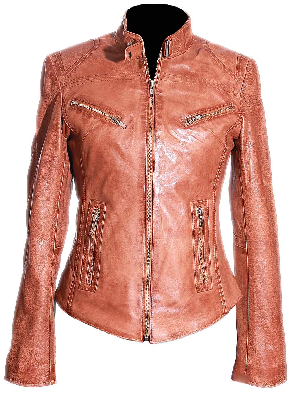 H.E Sienna Tan Ladies Women's Biker Style Retro Designer Real Soft Washed Lambskin Leather Fashion Jacket (20)