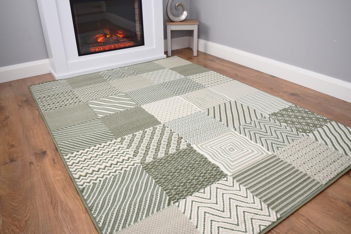 SrS Rugs® Luna Collection, Living Room Rugs, Hallway Runners, with Soft Smooth 8mm Pile. Contemporary Borders Design. 7 Colours, 9 Sizes (Square Patch Green, 160cm x 225cm) — image 1